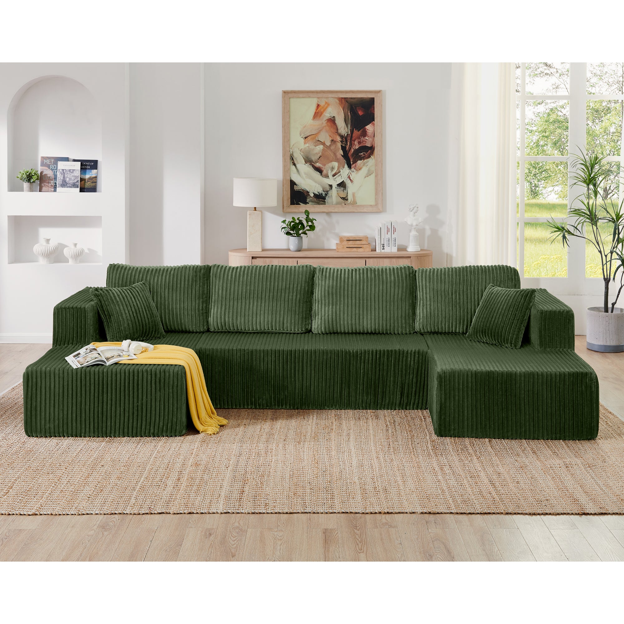 Green corduroy modular sectional sofa, side profile view
