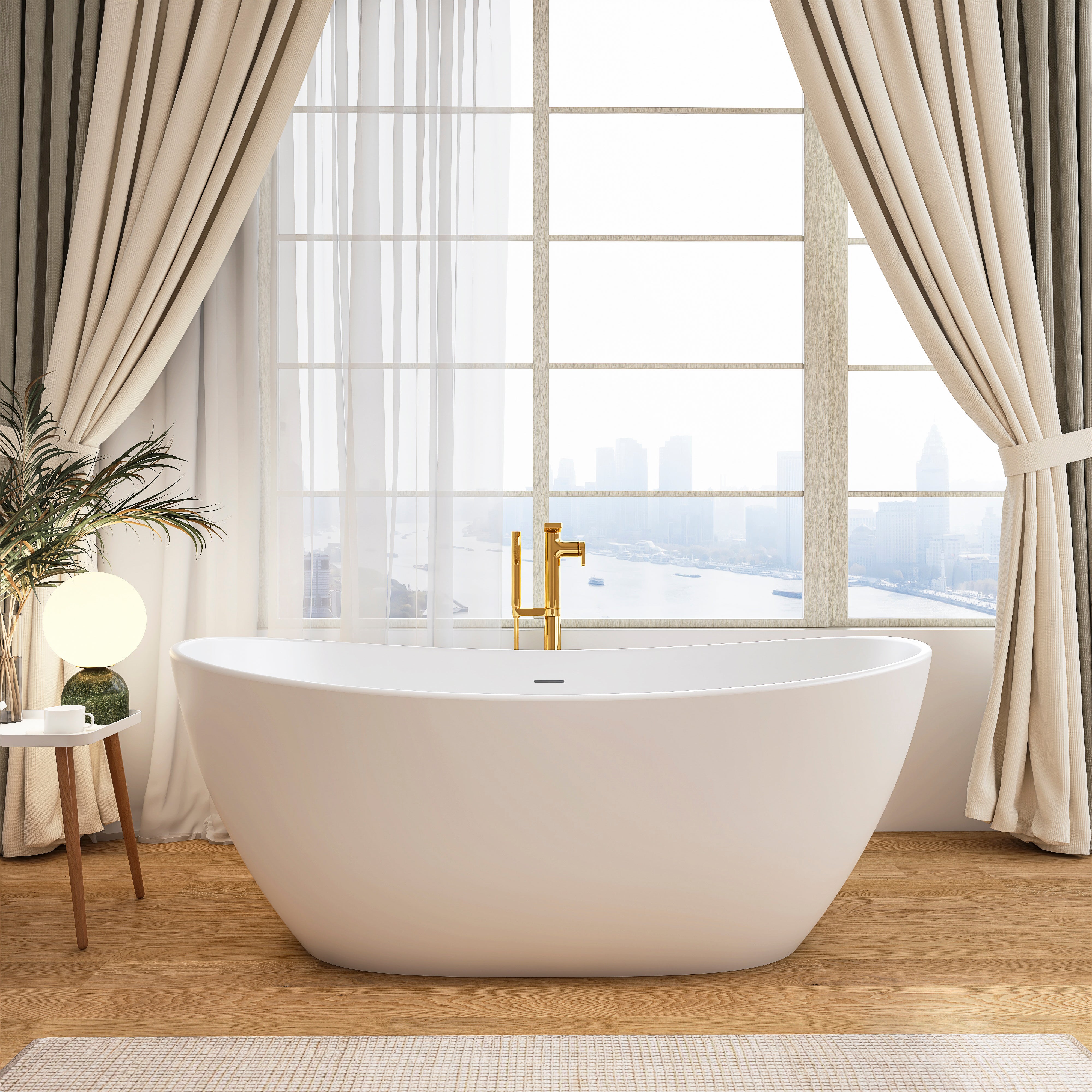 65 inch solid surface freestanding bathtub, matte finish, angled front view