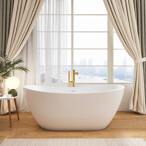 65 inch solid surface freestanding bathtub, matte finish, angled front view