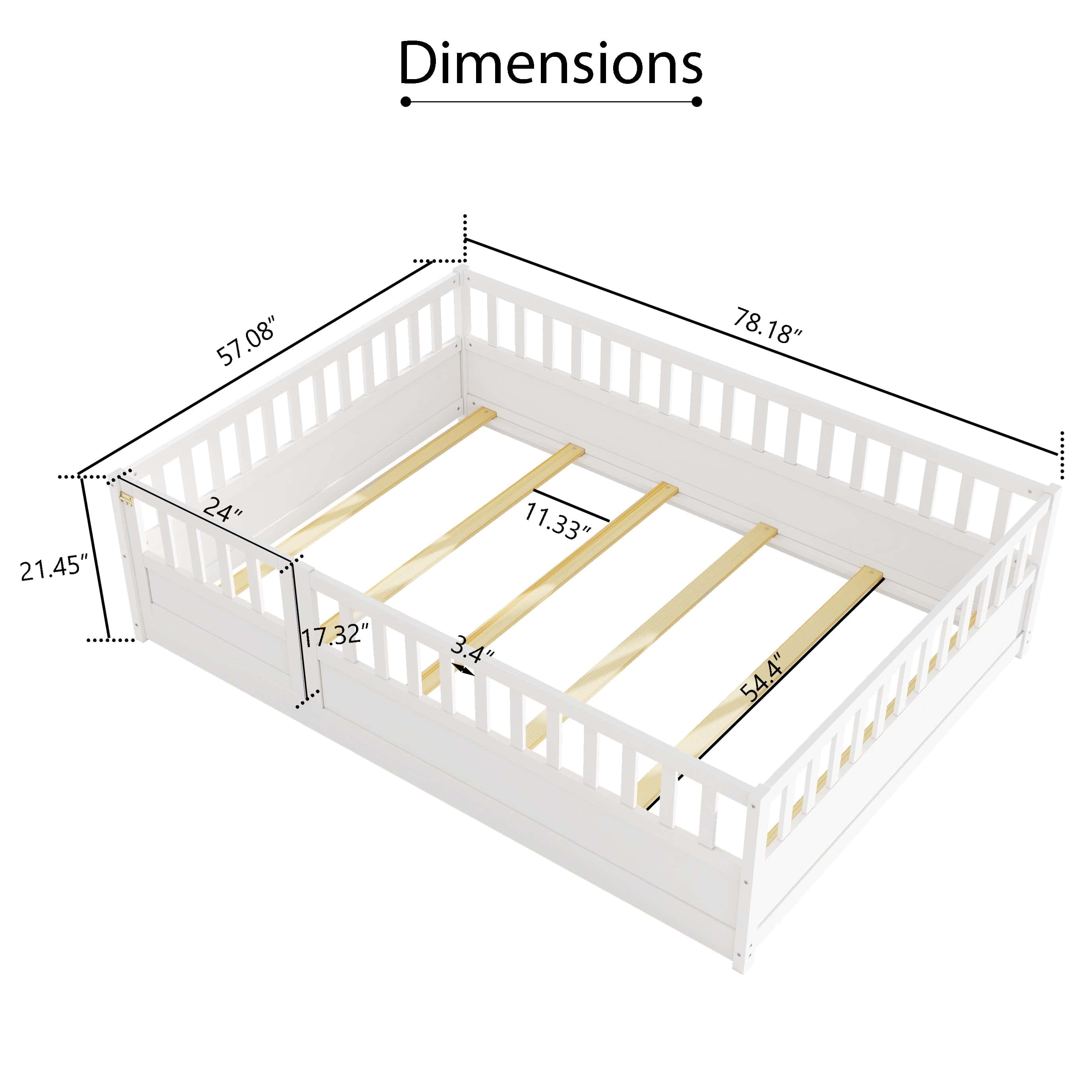 Full size Floor bed, integral construction with super high security barrier, door, children's floor bed frame, Montessori wooden children's floor bed, Support slat white
