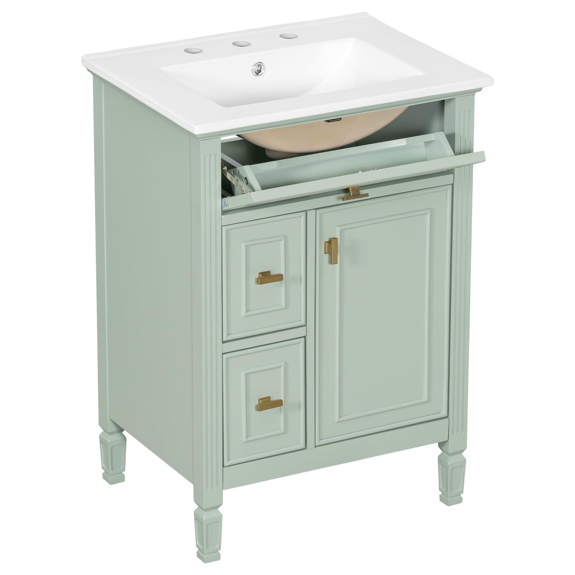 Green solid wood and MDF bathroom vanity, side profile view