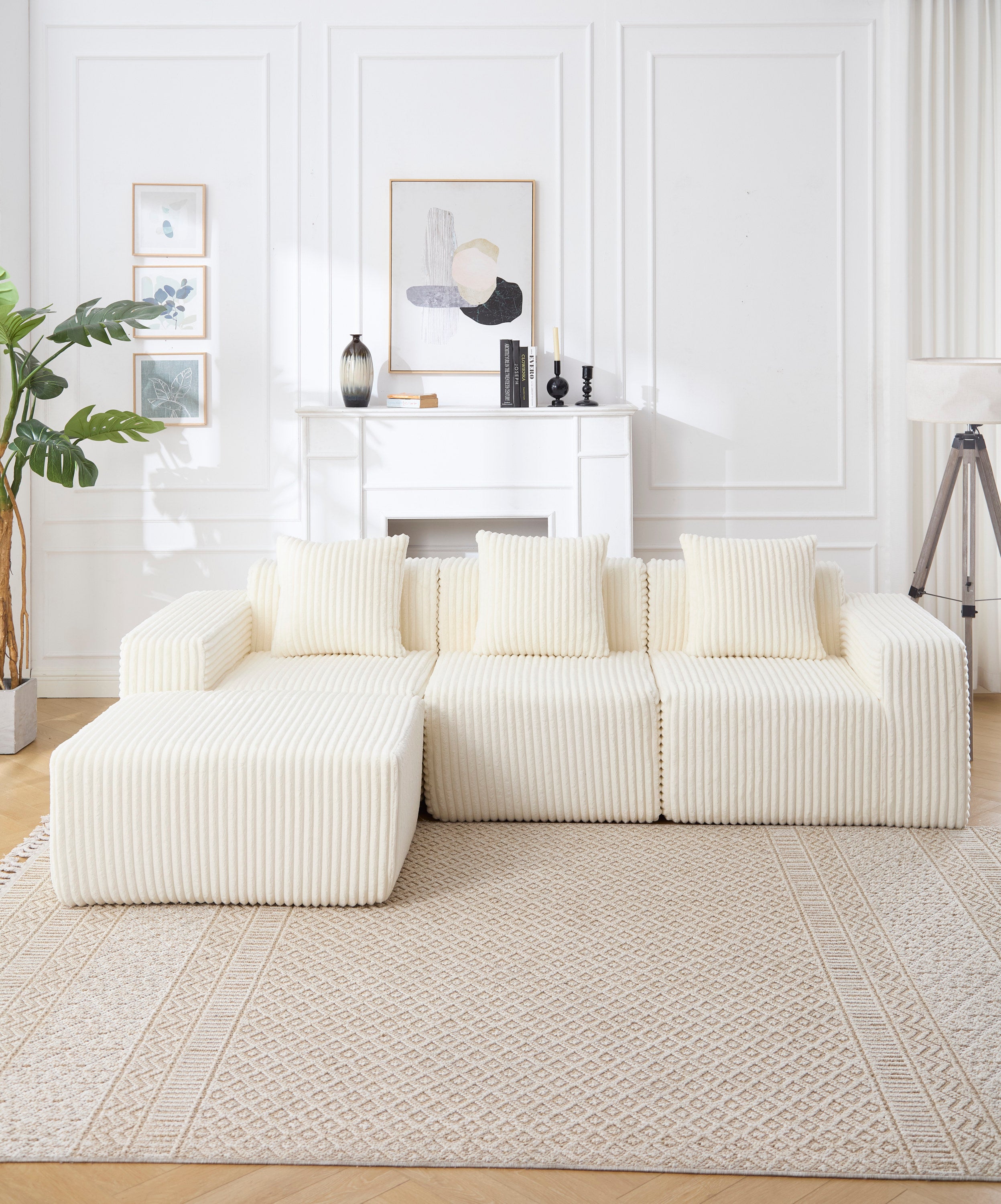 Modern Minimalist Modular Sectional Sofa,  L-Shape Upholstered Cloud Couch with Deep Seats, Right Facing Chaise for Living Room-White