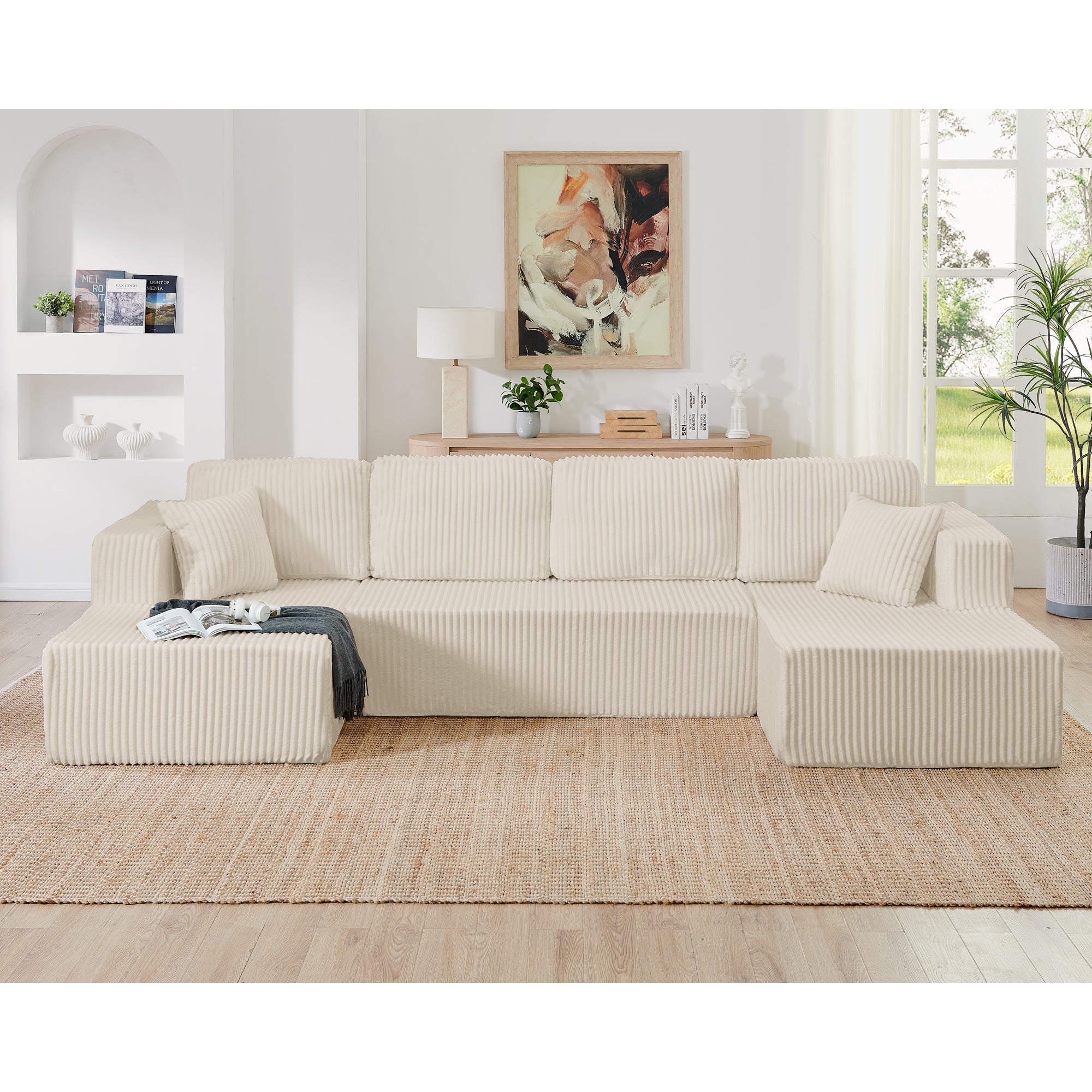 U-shape sectional sleeper sofa beige corduroy, side profile view