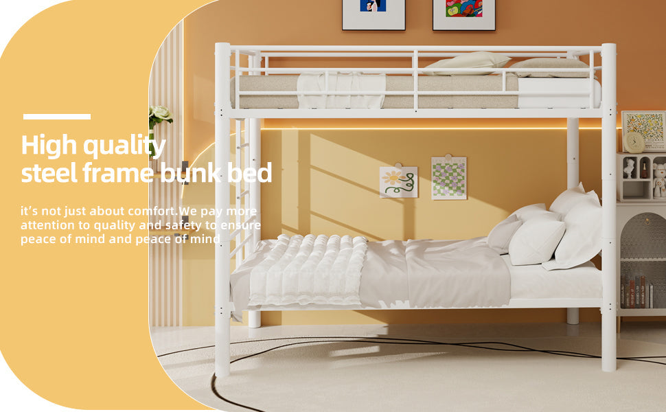 White twin metal bunk bed separated into two individual beds