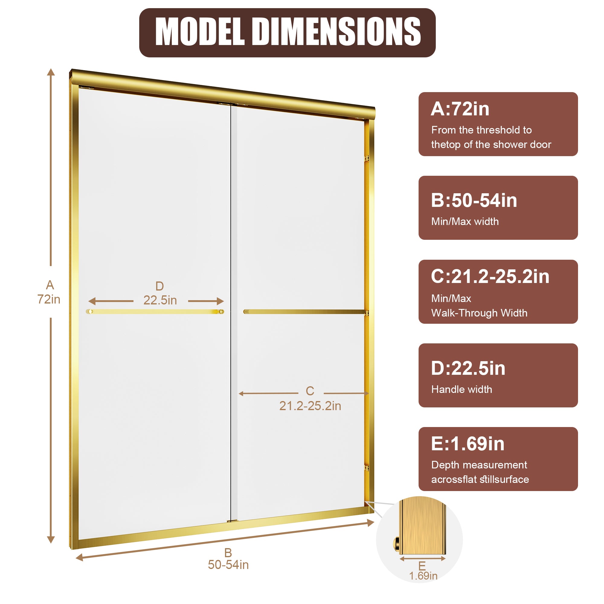 Brushed gold sliding shower door stainless steel handle detail