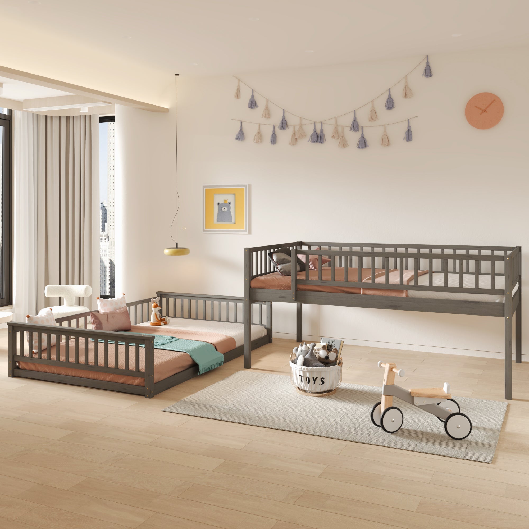 Gray Full XL over Queen bunk bed angled view