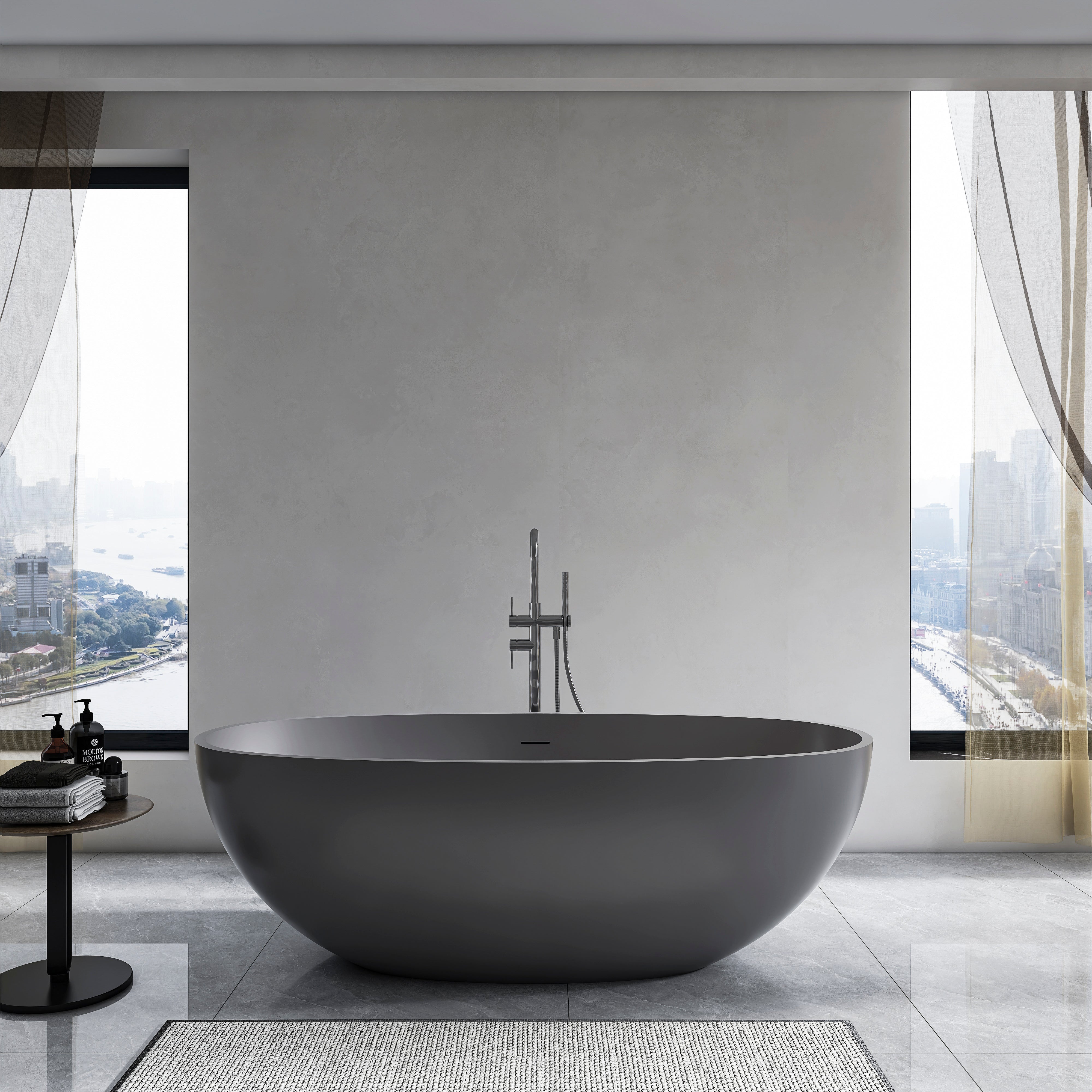 Freestanding solid surface soaking bathtub 65.2 inch white front view