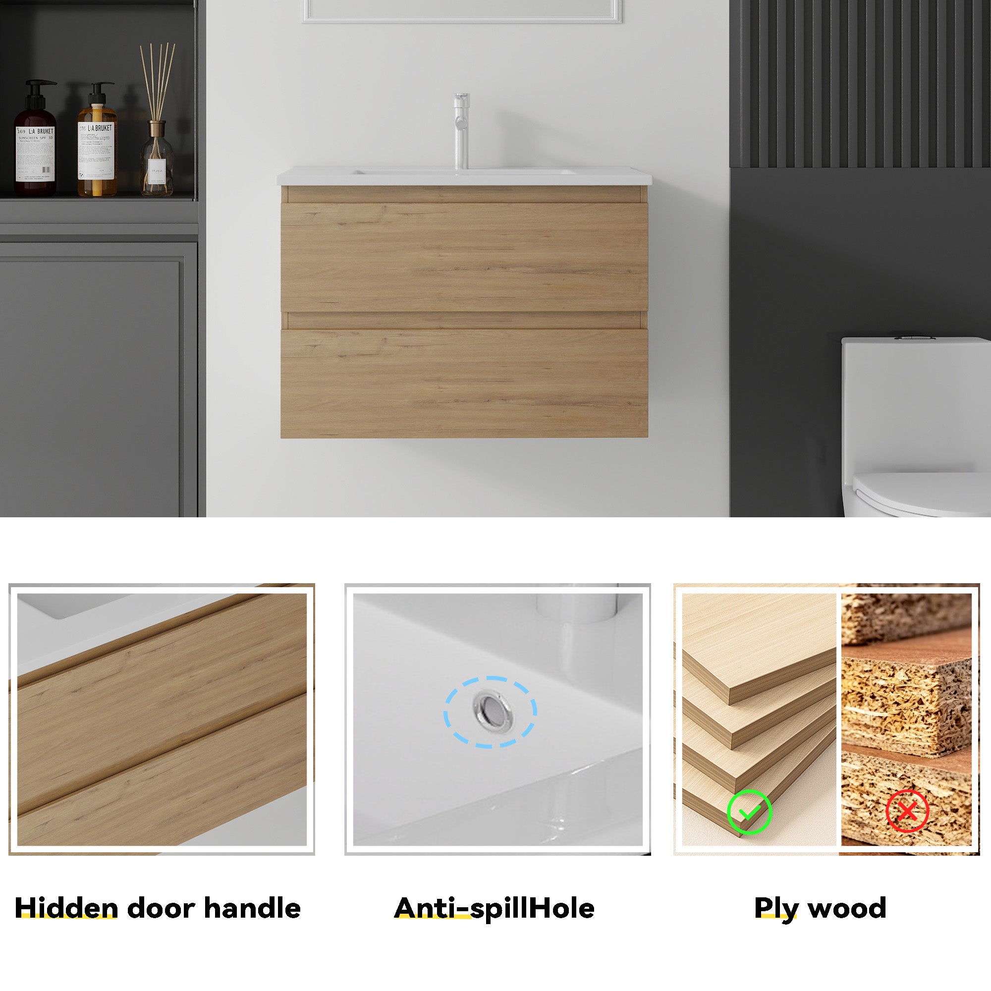 Floating oak bathroom vanity soft-close drawer detail