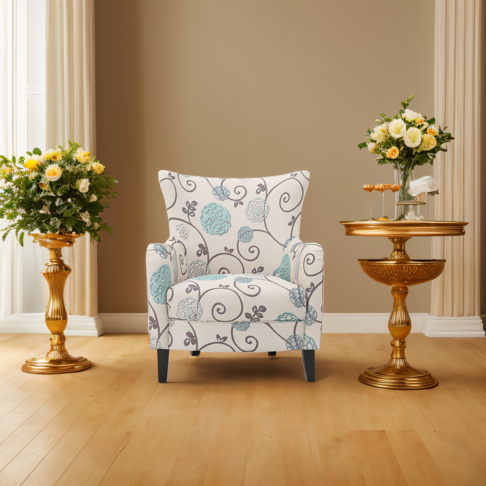 Elegant Vintage Fabric Club Chair, White and Blue Floral Pattern, Stylish Armchair for Classic Home Decor, Comfortable Seating for Relaxing Evenings