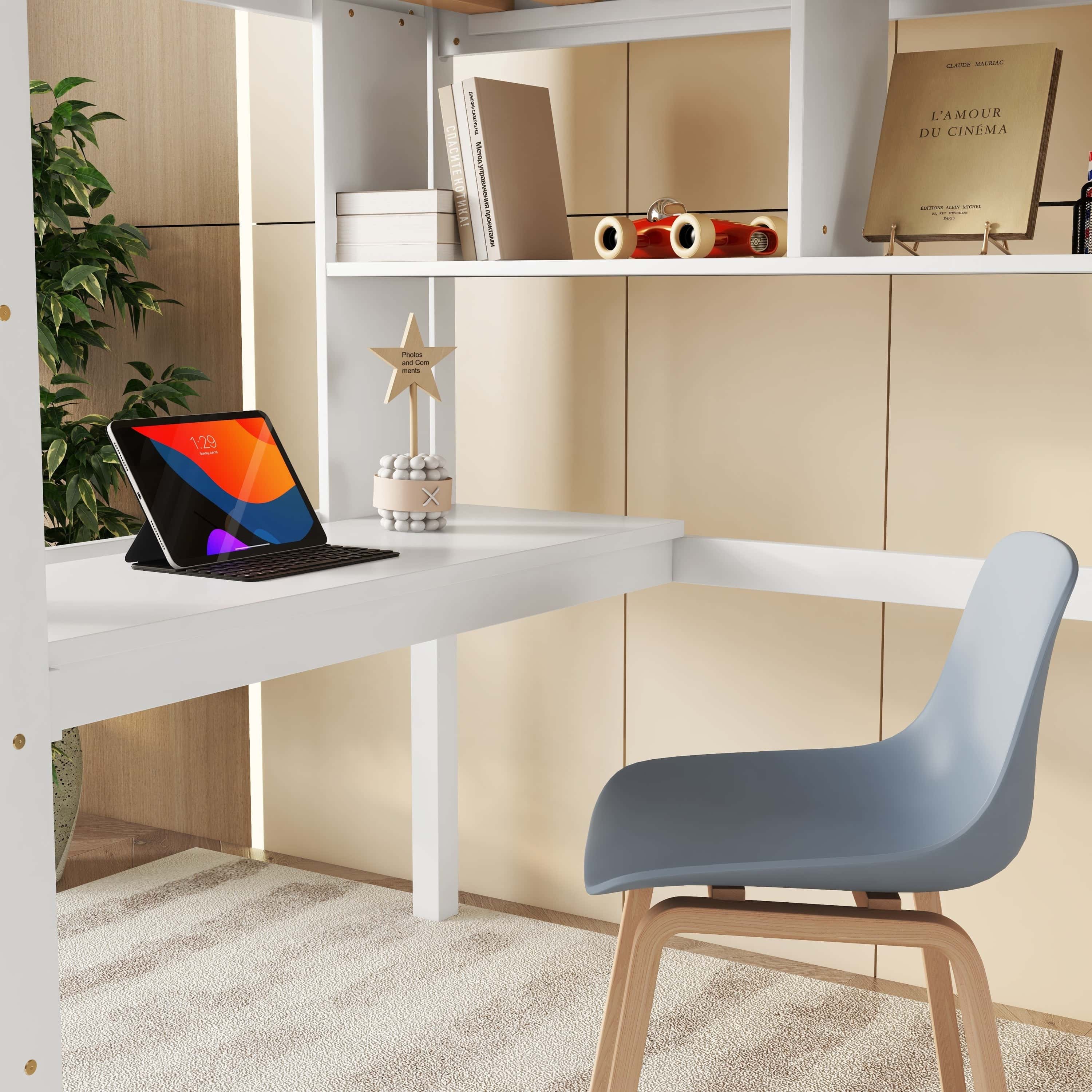 Twin Size Loft Bed with desk and shelves, Safety Guardrail and ladder,White