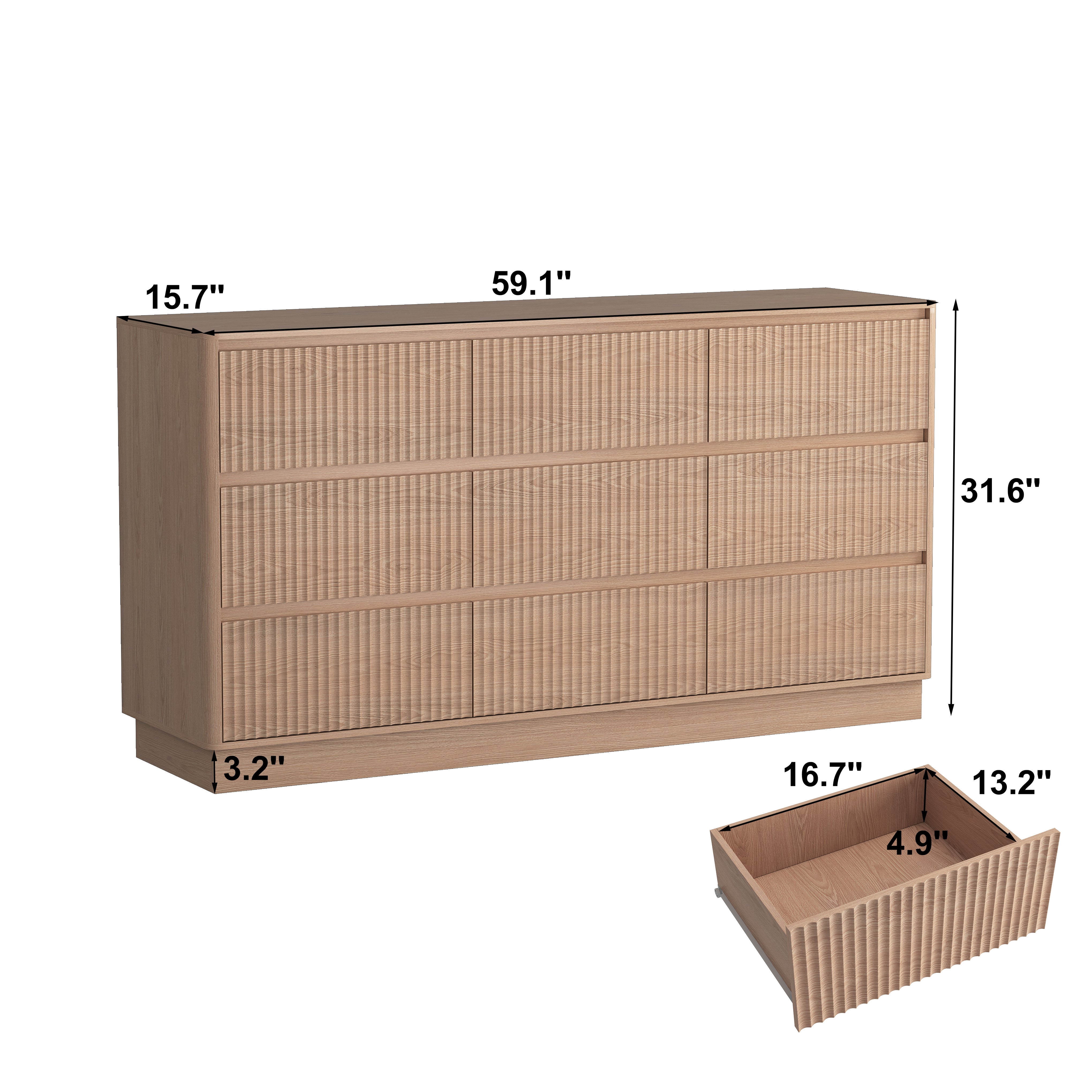 Natural wood 9-drawer dresser, mid-century TV stand, angled view