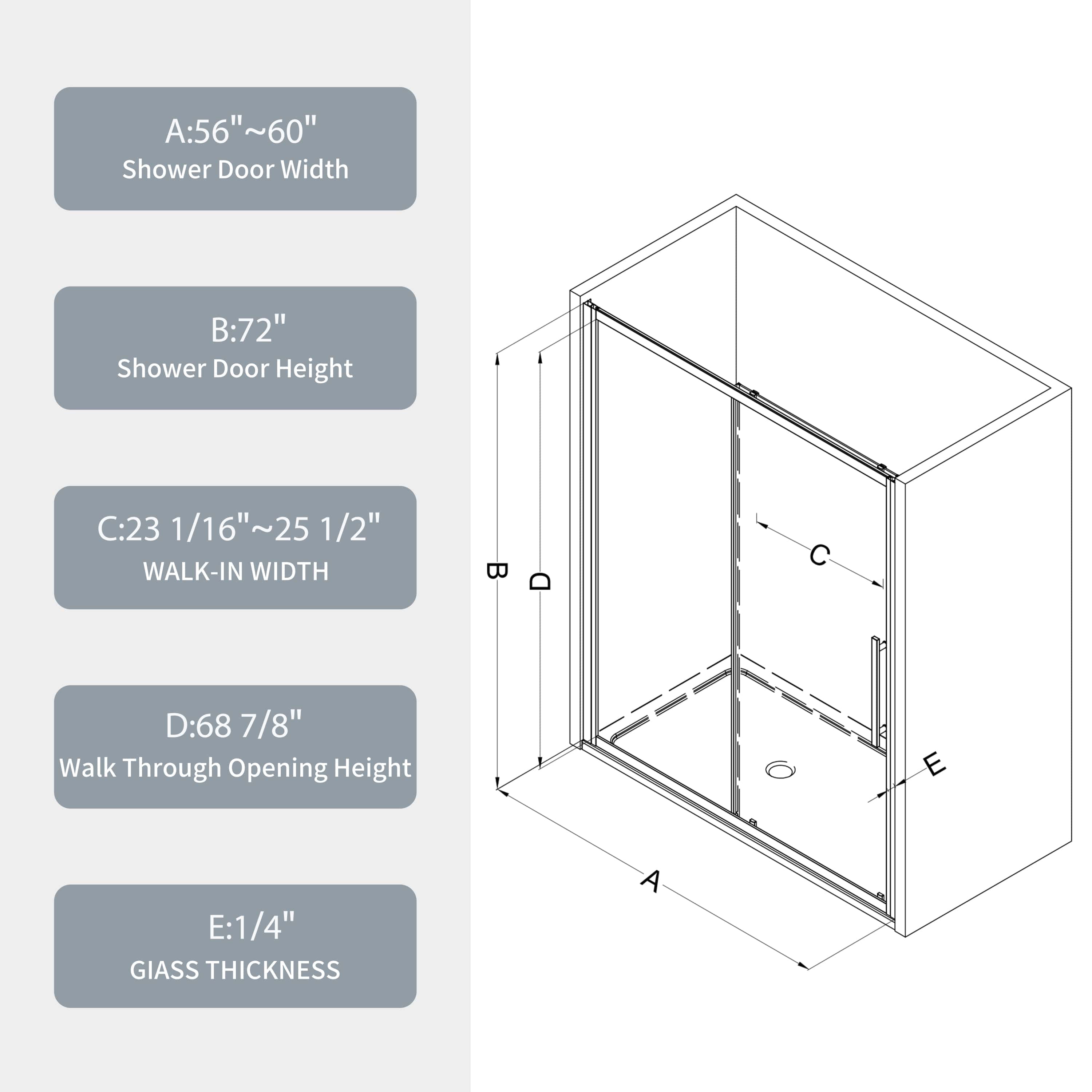 56"-60"W x 72"H sliding shower door, sliding door, with 1/4" tempered glass and Matted Black finish 6072