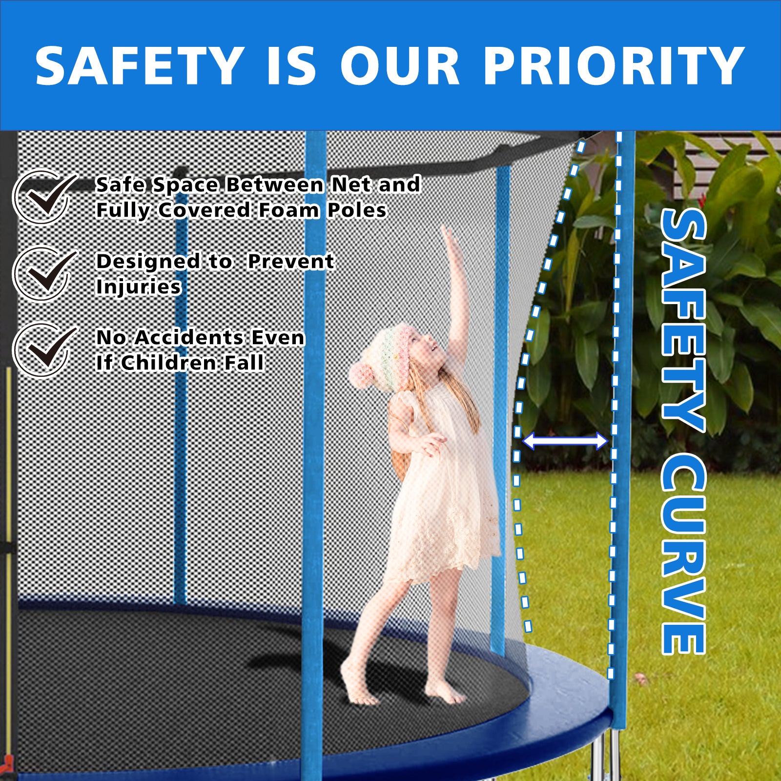 8ft Blue Outdoor Toddler Trampoline with Enclosure Safety Net Jumping Fun Trampoline, heavy-duty jump pads, spring-loaded for children and adults, Gifts for Boys/Girls