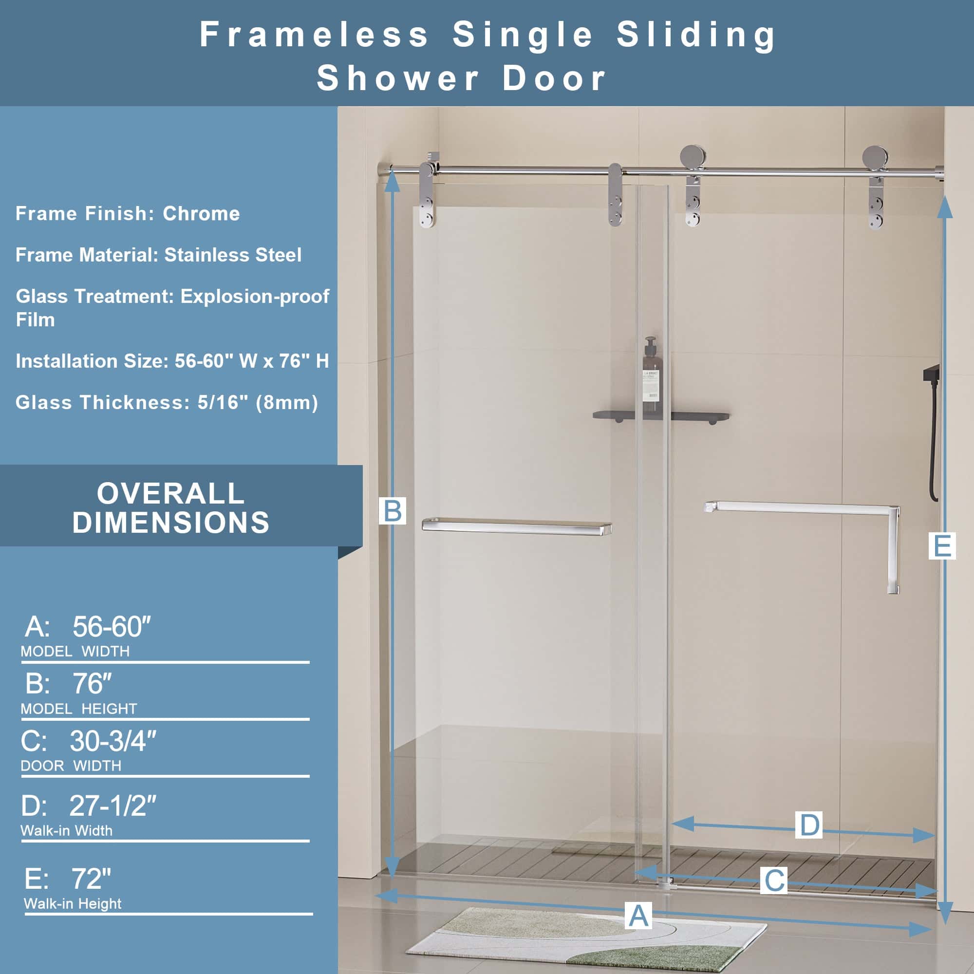56-60"W x 76"H Frameless Shower Door, Single Sliding Shower Door, 5/16" (8mm) Clear Tempered Glass Shower Door Explosion-Proof Film, Stainless Steel Hardware, Chrome 24D210-60C-COMBO