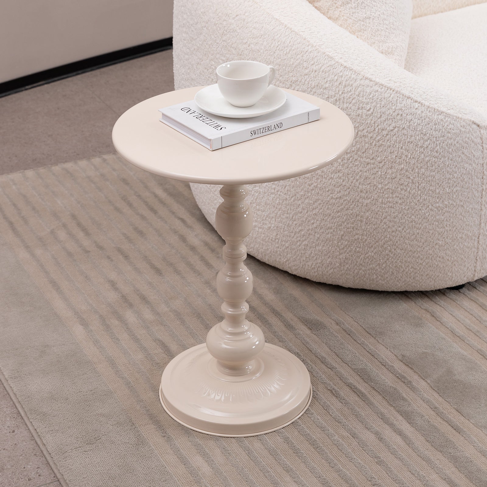 Round vintage metal side table, front view
