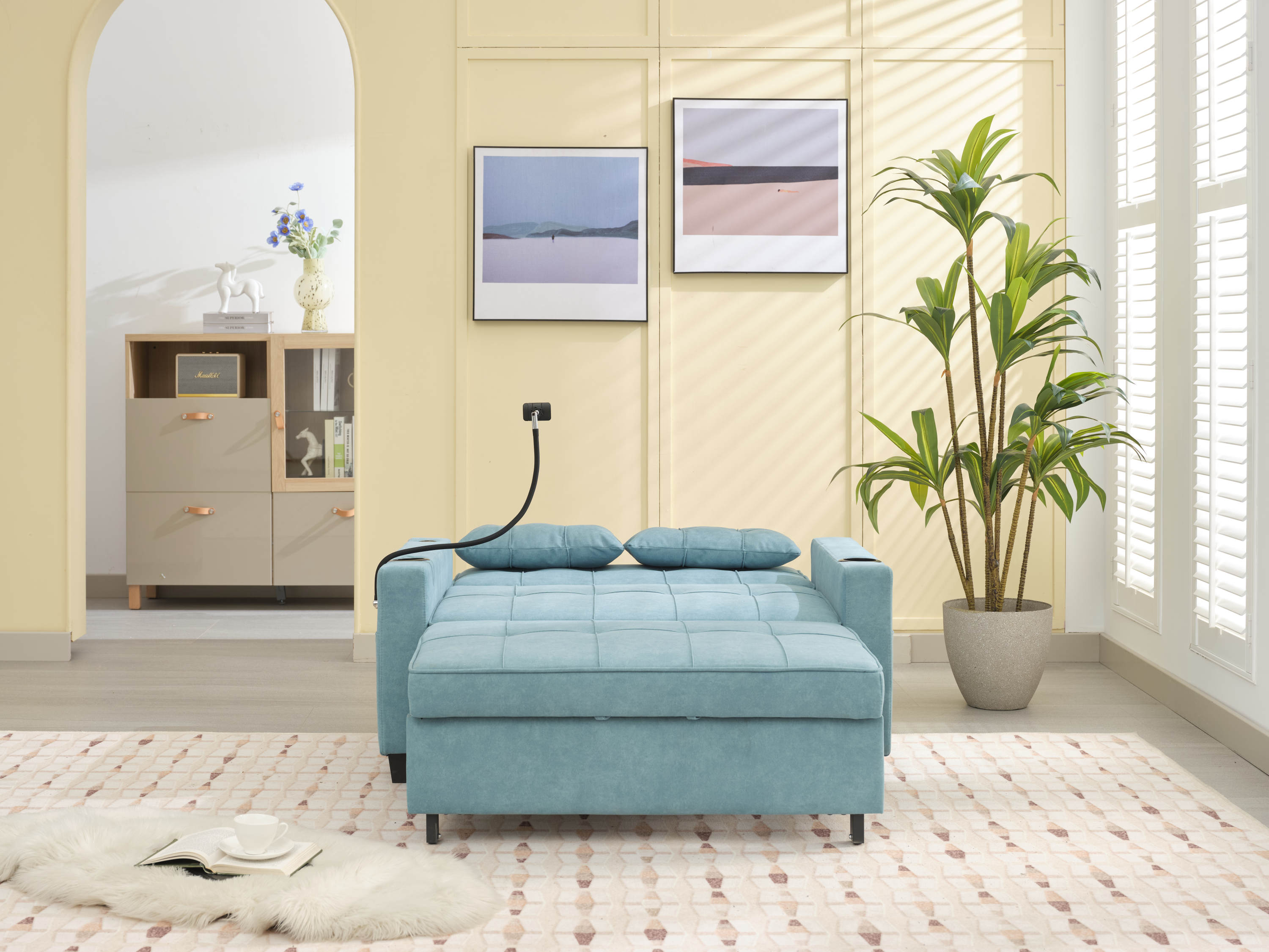 Futon Chair Bed Convertible Chair 3-in-1 Pull Out Sleeper Chair Beds with USB Ports,Wear-resistant and Anti-scratch, Armchair Bed Sleeper for Living Room (Green Tech cloth)