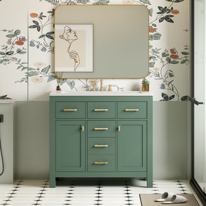 Green freestanding bathroom vanity 36 inch with 4 drawers and 2 cabinets, angled view