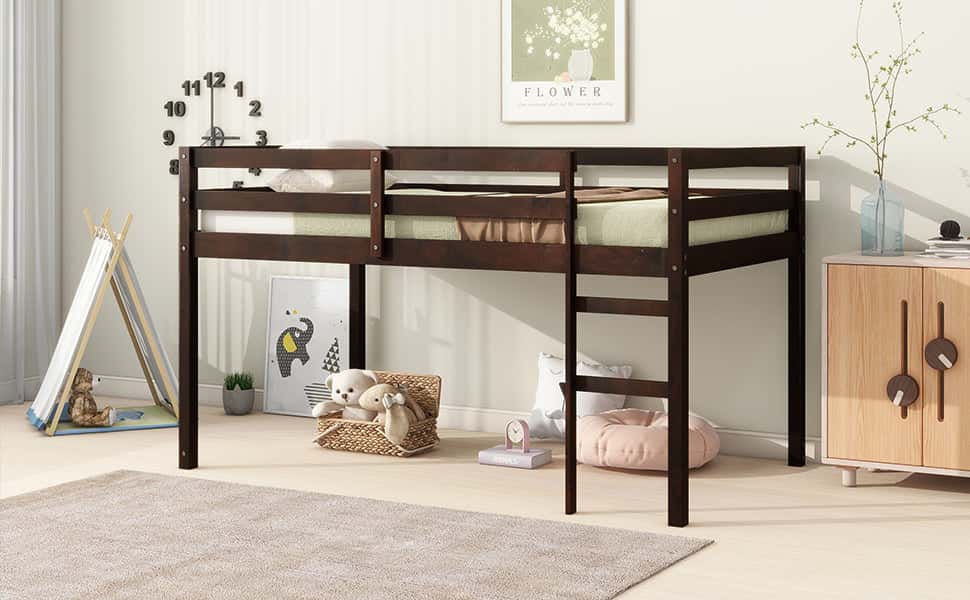 Solid Wooden, Rubber Wooden Twin Loft Bed with Ladder, Bed Platform of Strengthened Slats , Espresso