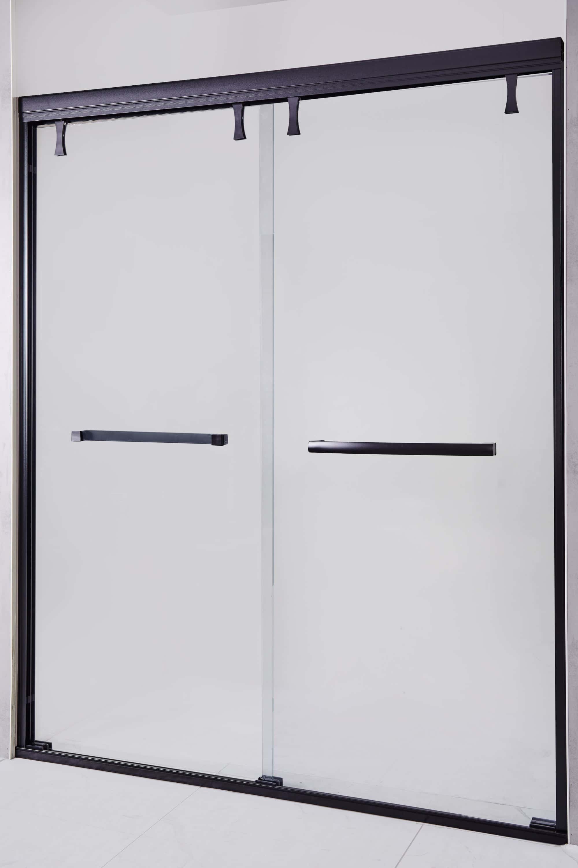 56-60"W x 76"H Semi-Frameless Shower Door, Double Sliding Shower Door, 5/16" (8mm) Clear Tempered Glass Shower Door with Explosion-Proof Film, Matte Black 24D212-60MB-COMBO-1