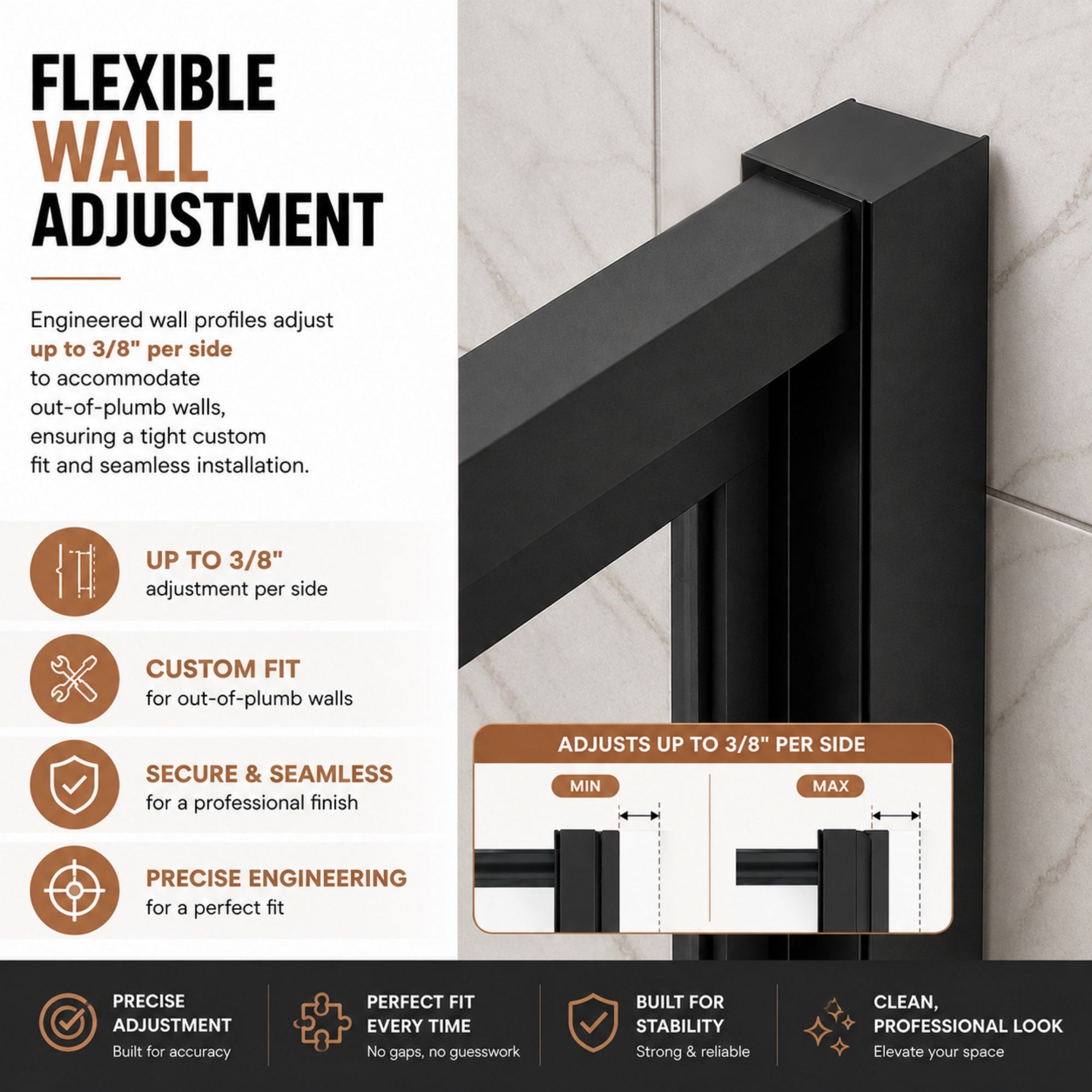 32-60 x 72 in Semi-Frameless Pivot Shower Door - 32-36 x 72 in / Matte Black view 6