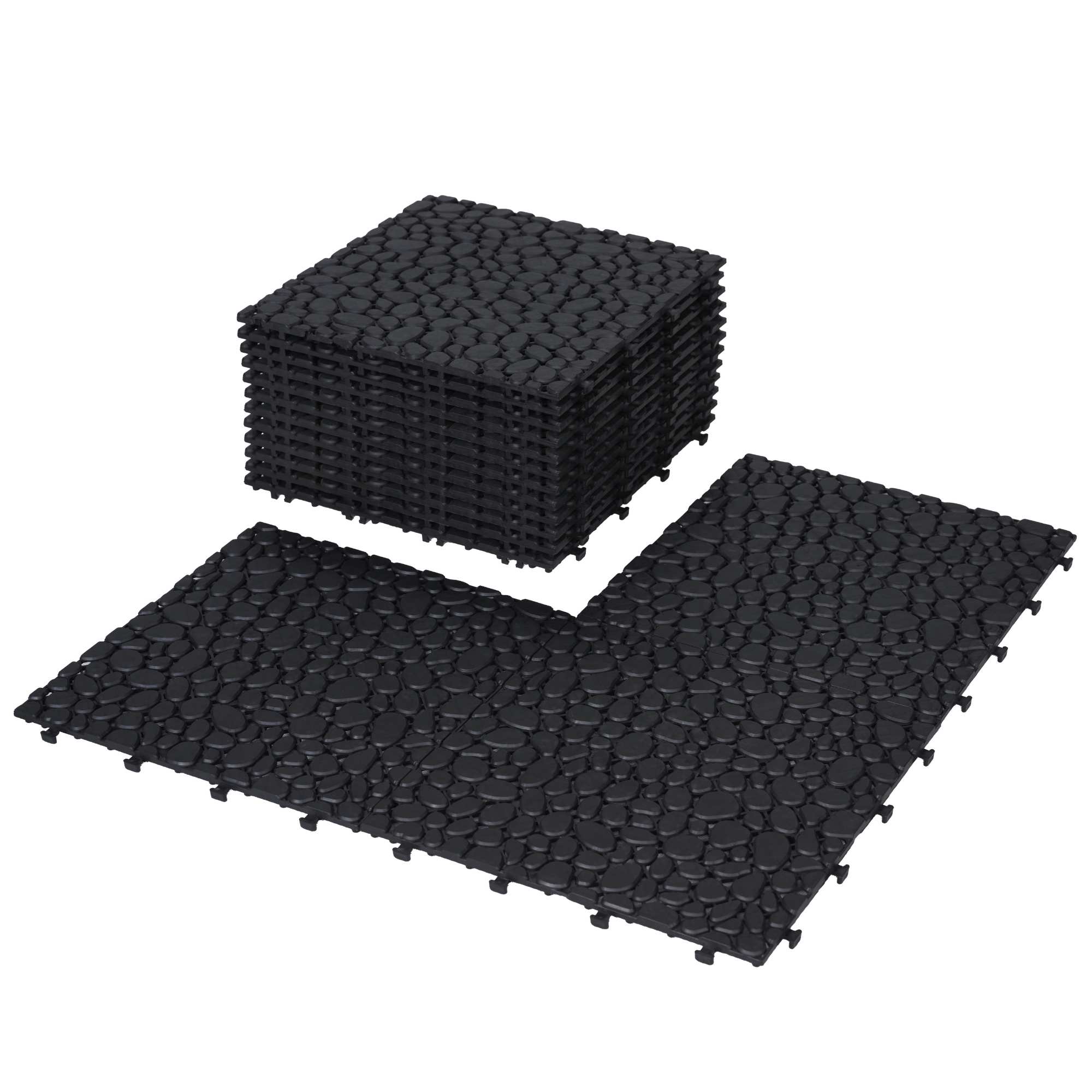 12 x 12 Inch Black Interlocking Deck Tiles Plastic Waterproof Outdoor All Weather Anti-slip Bathroom Shower Balcony Porch Strong Weight Capacity Upto 440 LBS, Pebble Stone Pattern Pack of 24