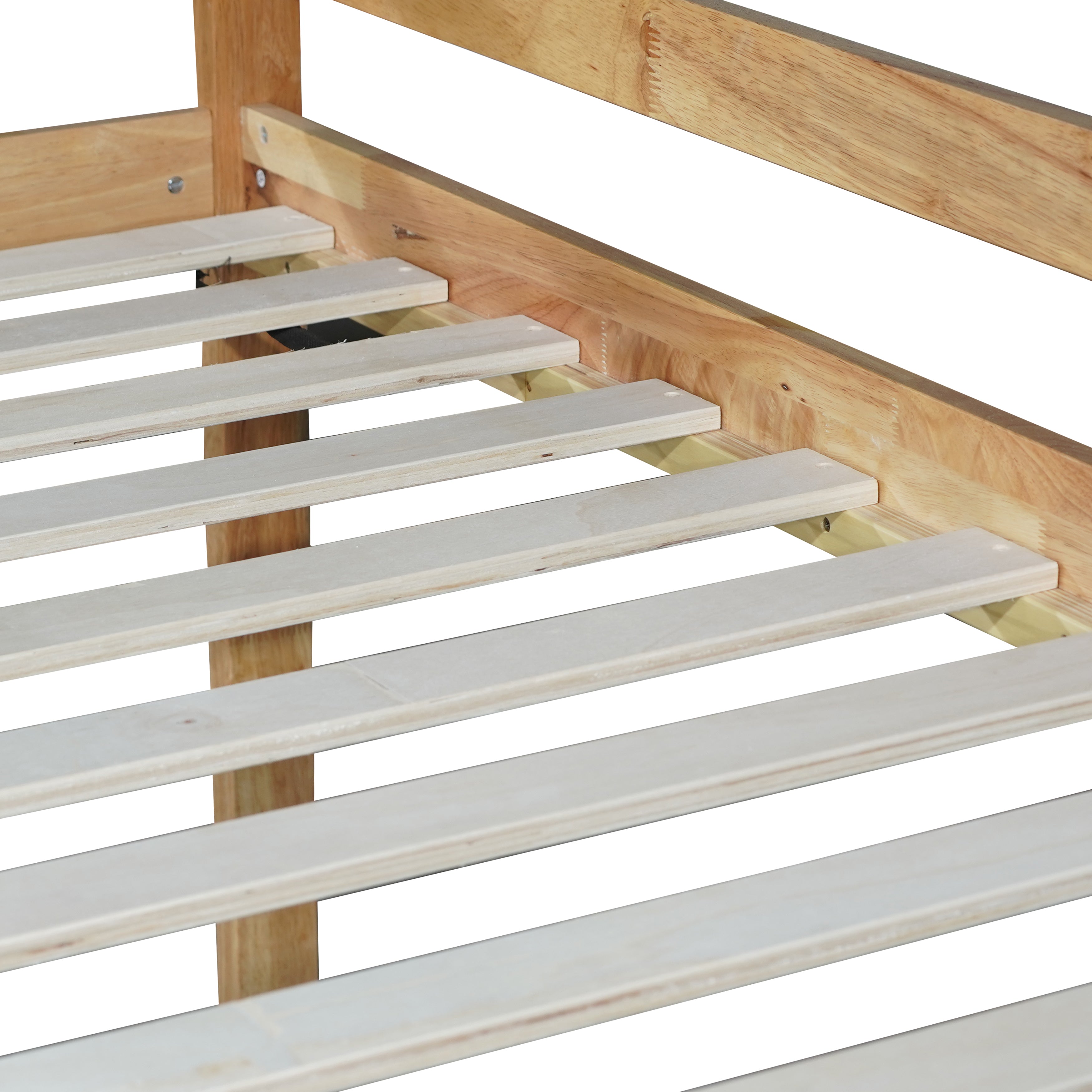 Natural wood twin over twin bunk bed with ladder, angled view