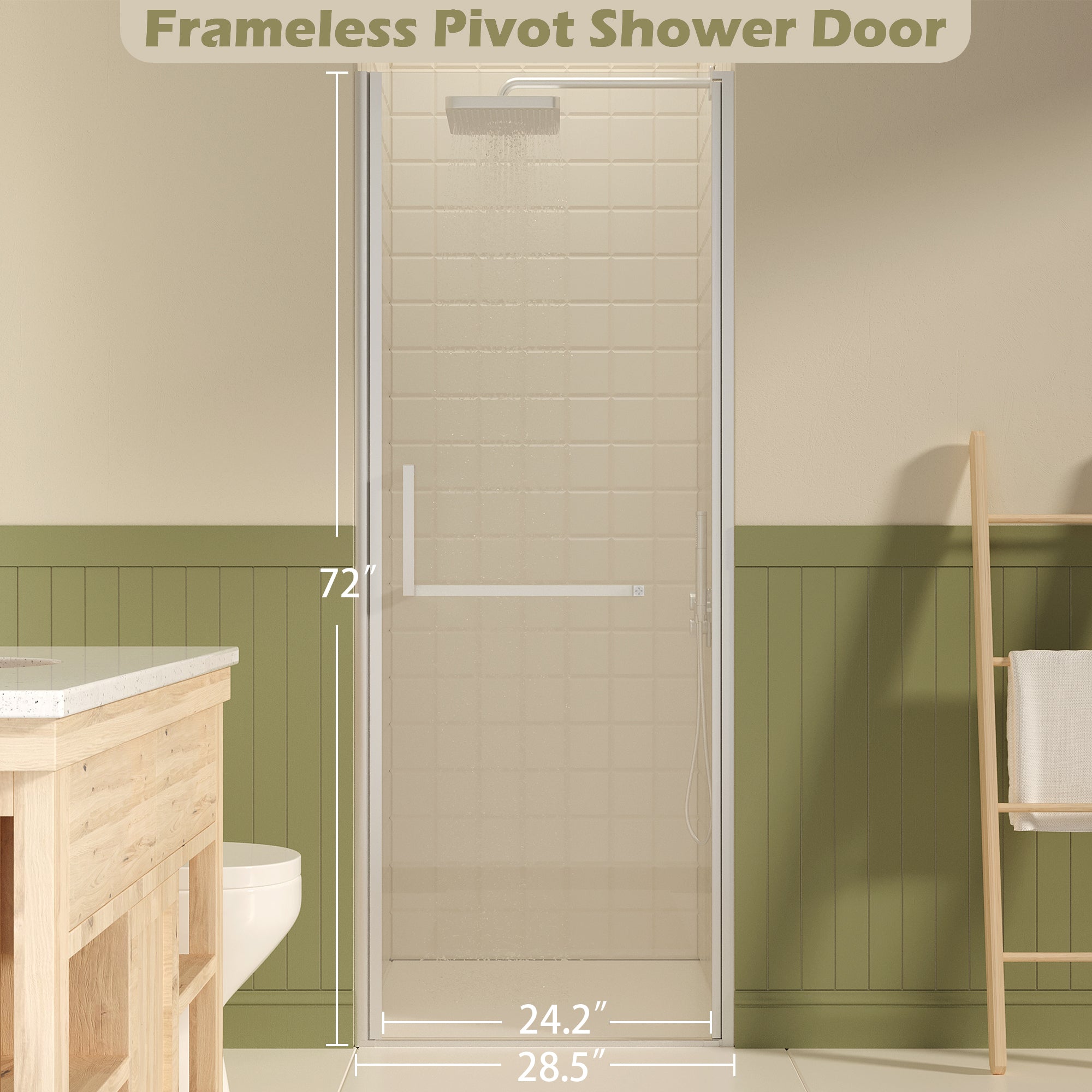 Frameless pivot shower door installed view