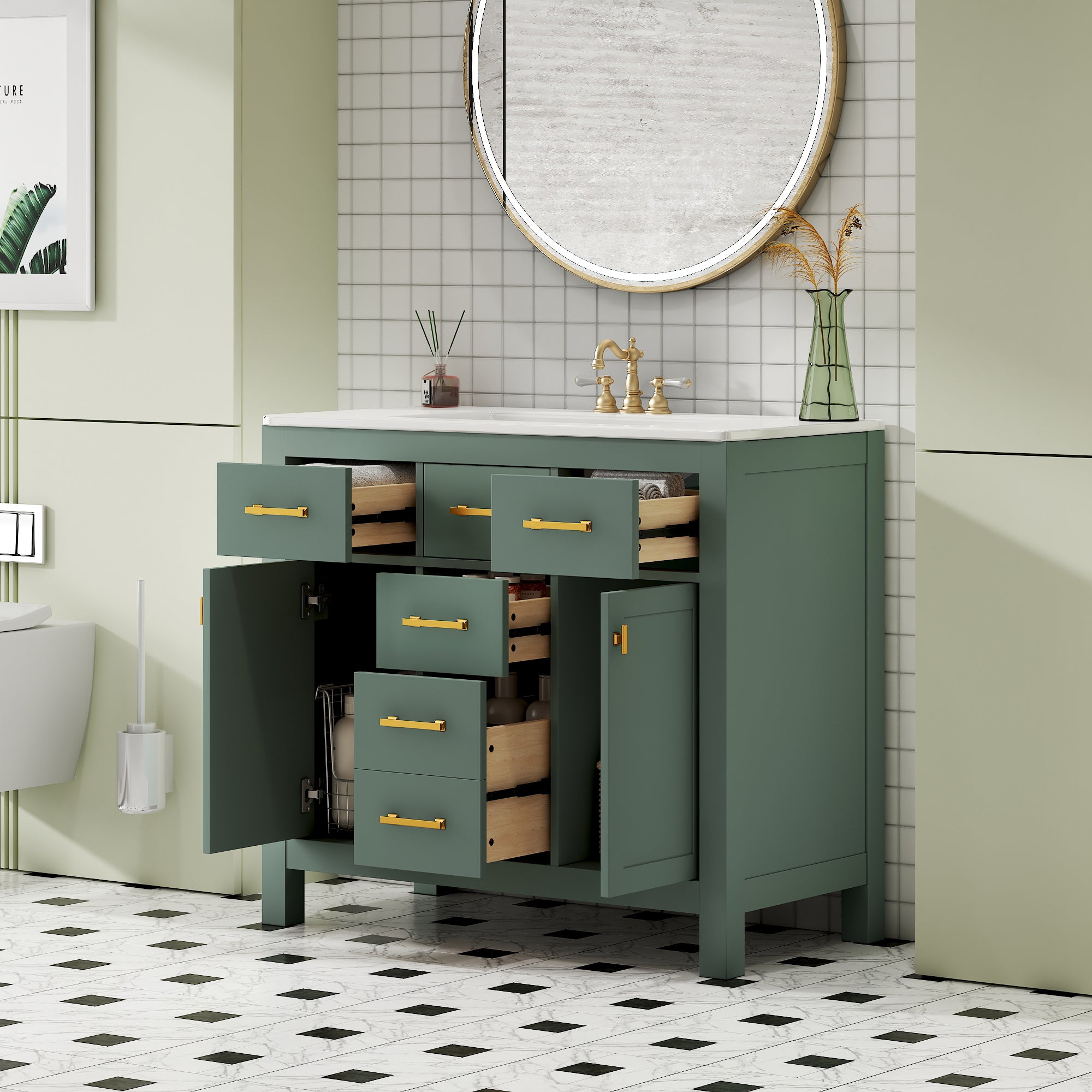 36-inch green solid wood frame bathroom vanity, side view