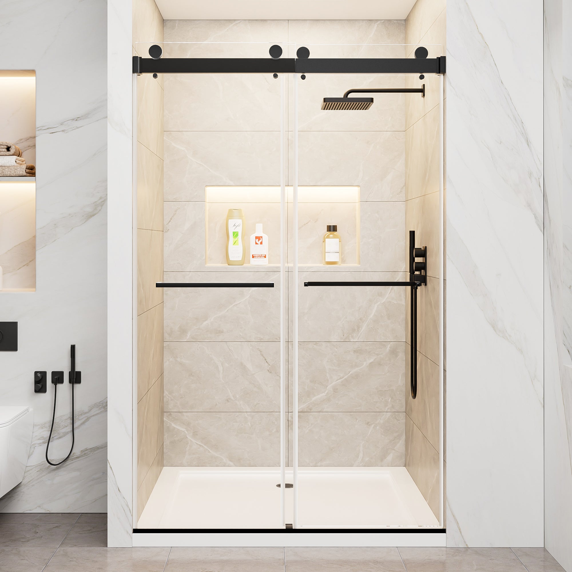 44-48 x 76 in Frameless Double Sliding Shower Door - Matte Black view 1