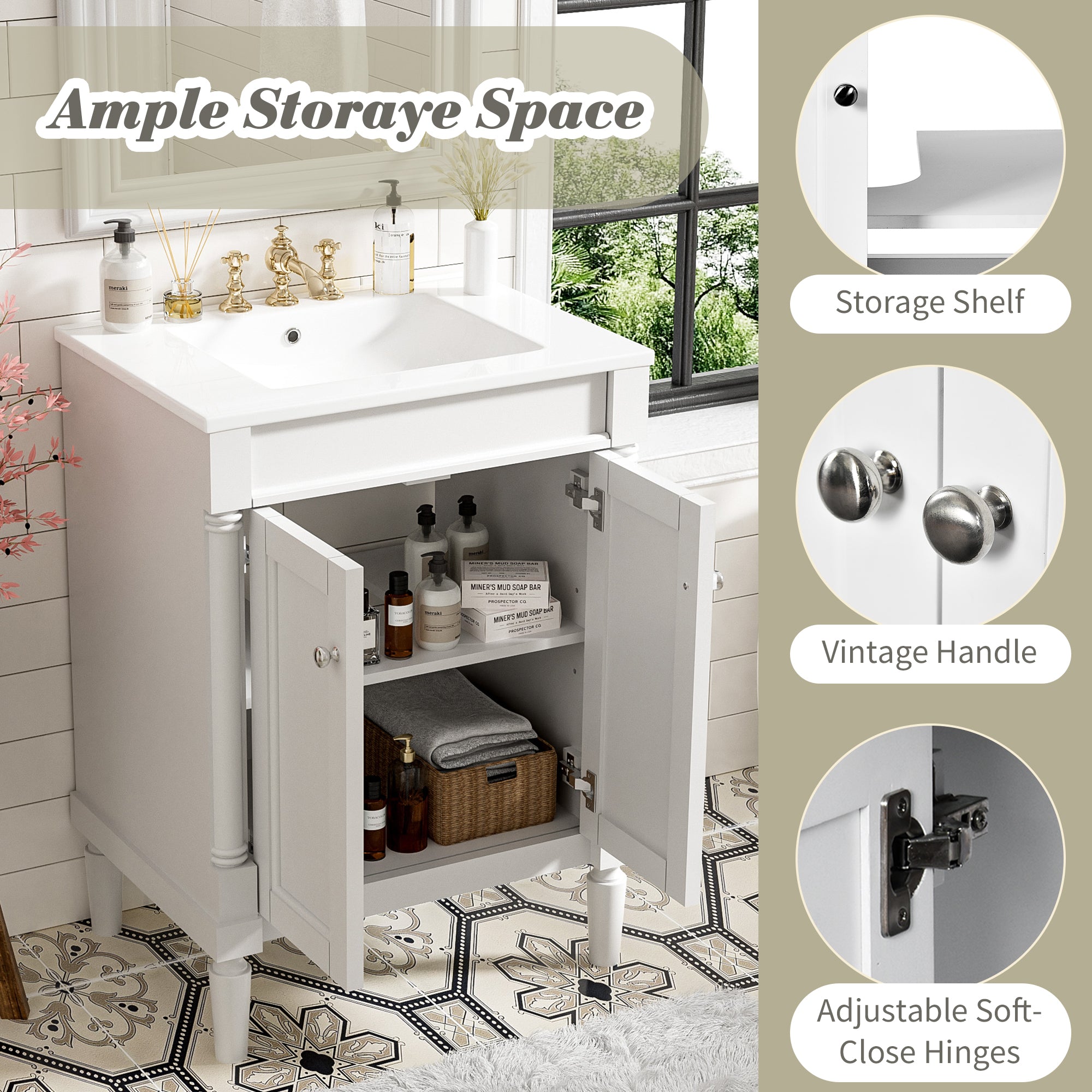 Modern single-sink bathroom vanity 2-tier open shelf storage view