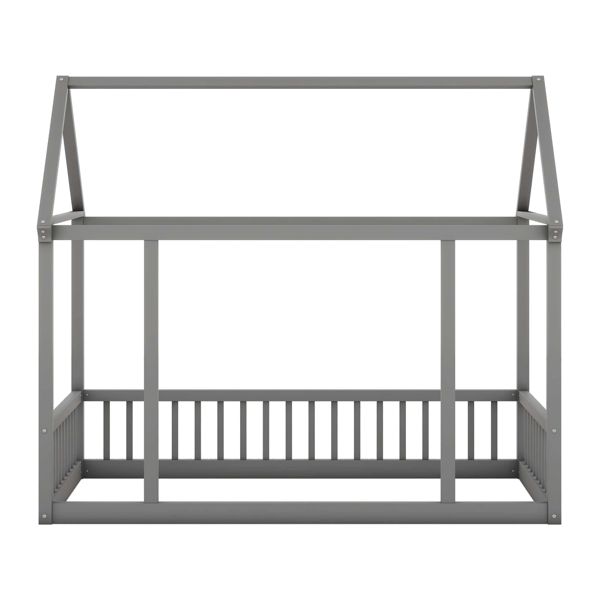 Twin Size Floor Wooden Bed with House Roof Frame and Safety Guardrails ,Gray