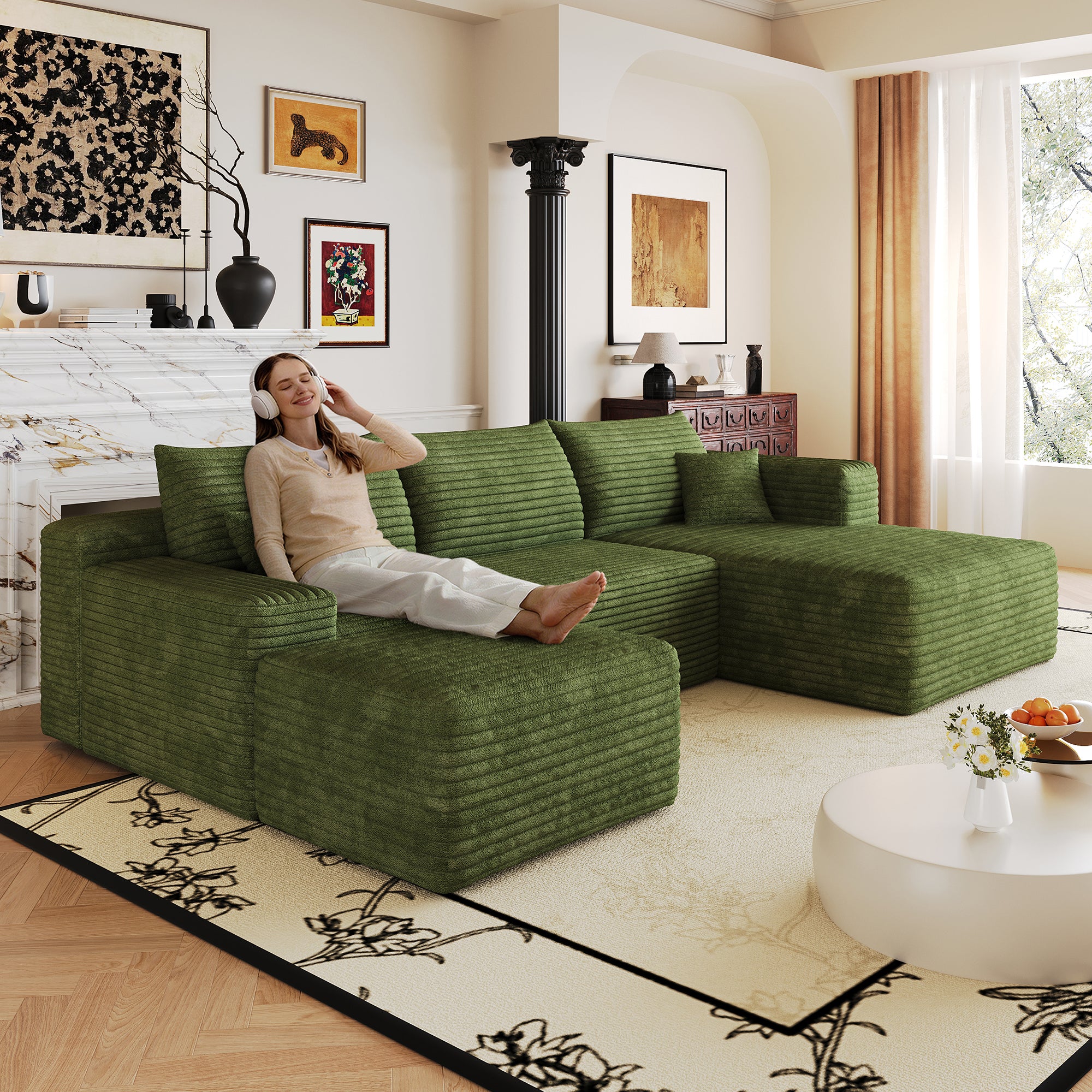 103 inch green corduroy L-shaped sectional sofa, front view