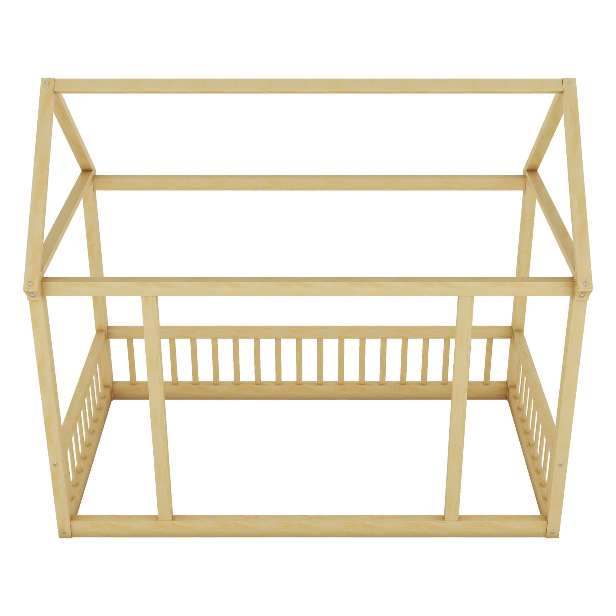 Twin Size Floor Wooden Bed with House Roof Frame and Safety Guardrails,Natural