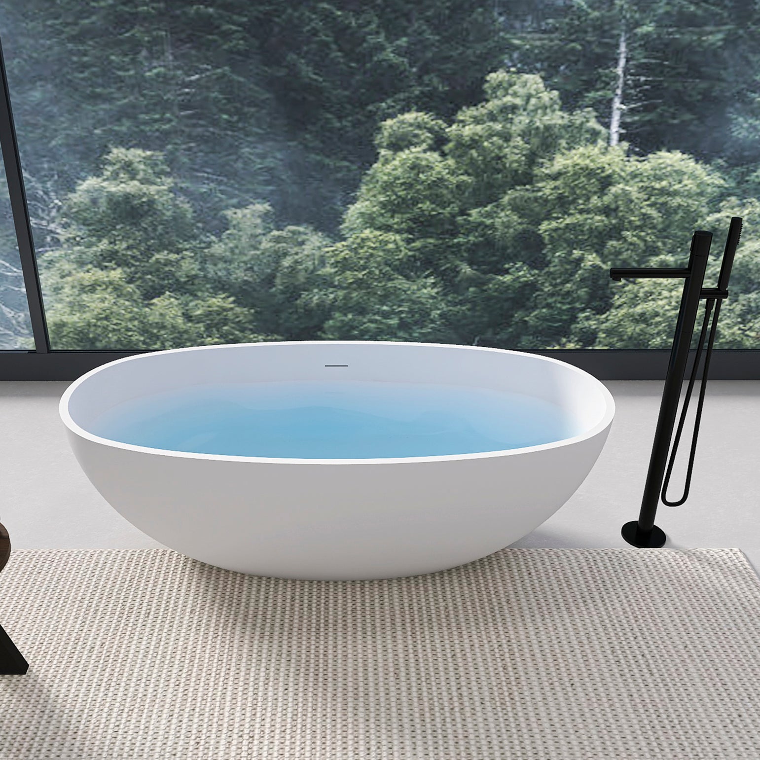 Solid surface freestanding soaking bathtub 65.2 inch interior basin detail