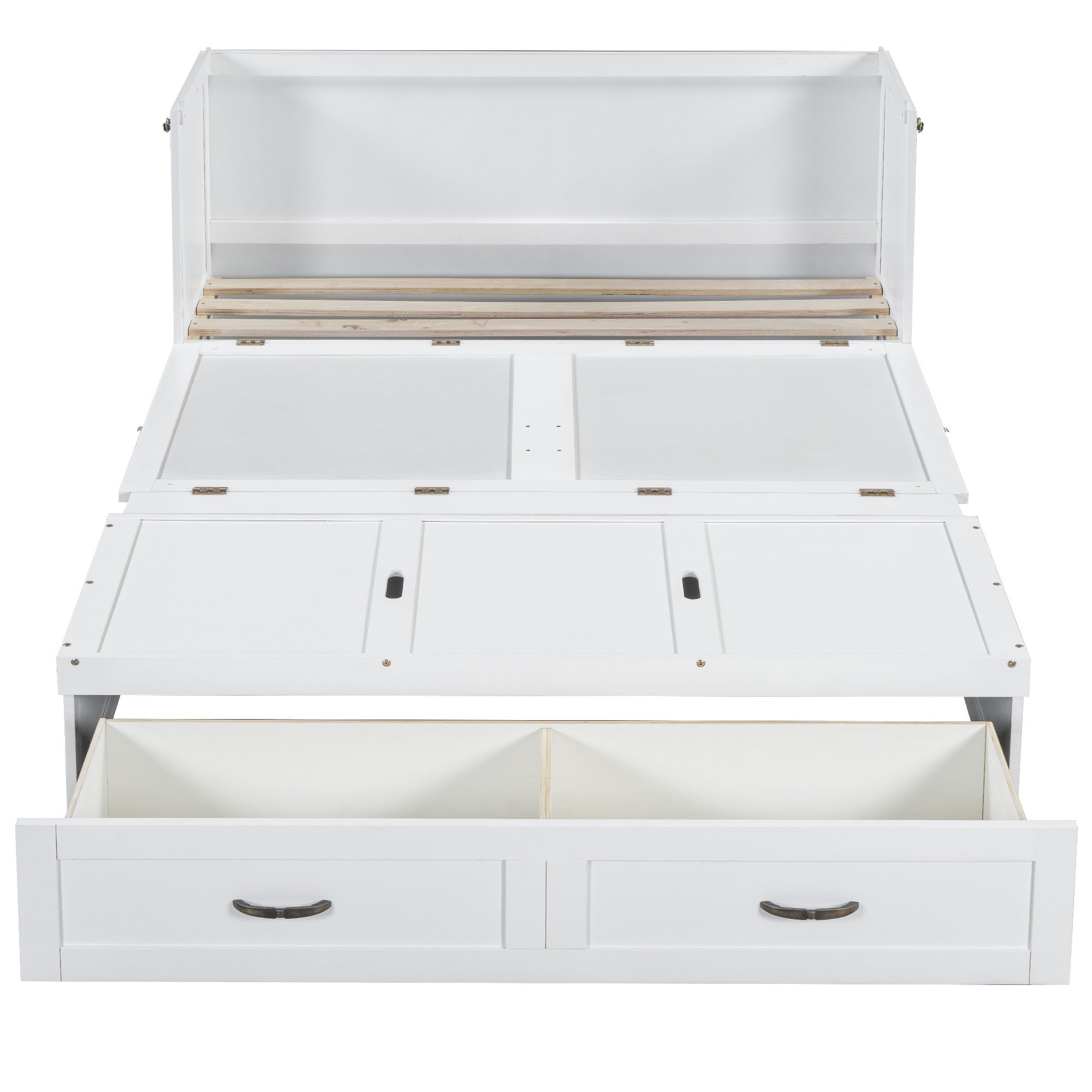 Queen Size Murphy Bed with USB Ports, Large Drawers and Metal Handles, White