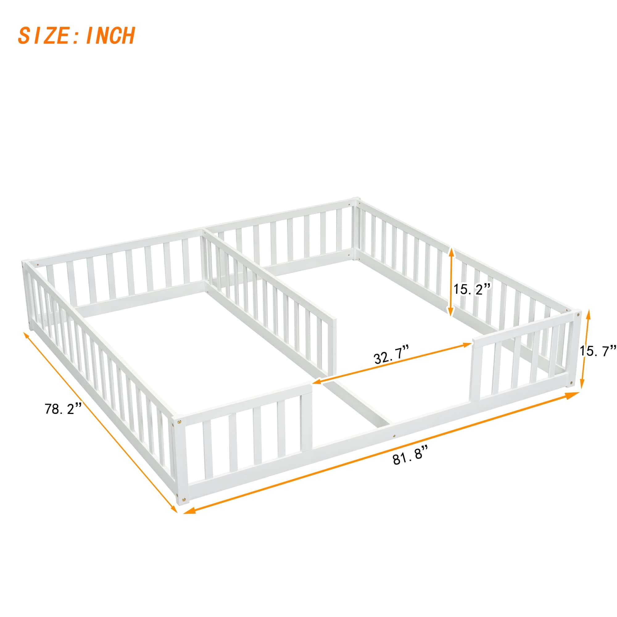 Double Twin Floor Bed with Fence, Guardrails, without door, White