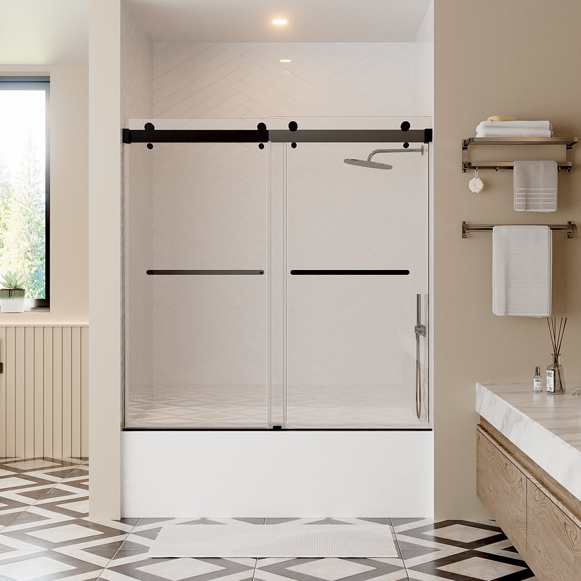 56-60 Inches Width × 60 inches Height Double Sliding Frameless Bathtub Door With 3/8 inches (10mm) Clear Tempered Glass, Matte Black Finish