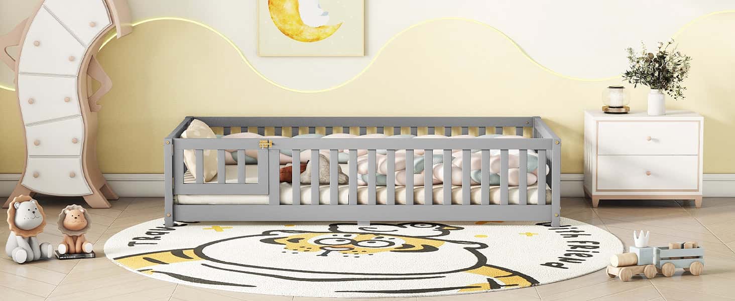 Twin Size Bed Floor Bed with Safety Guardrails and Door for Kids, Gray(Old SKU: W158090685)