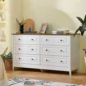 White 6-drawer wood dresser with metal handles, front view