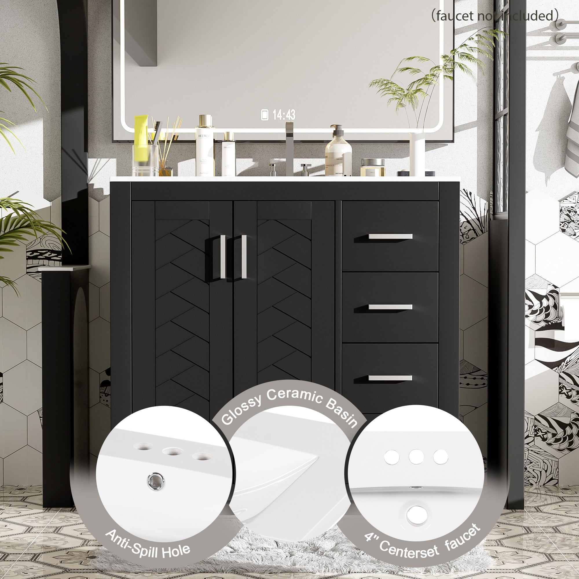 Solid wood freestanding bathroom vanity set, side profile view