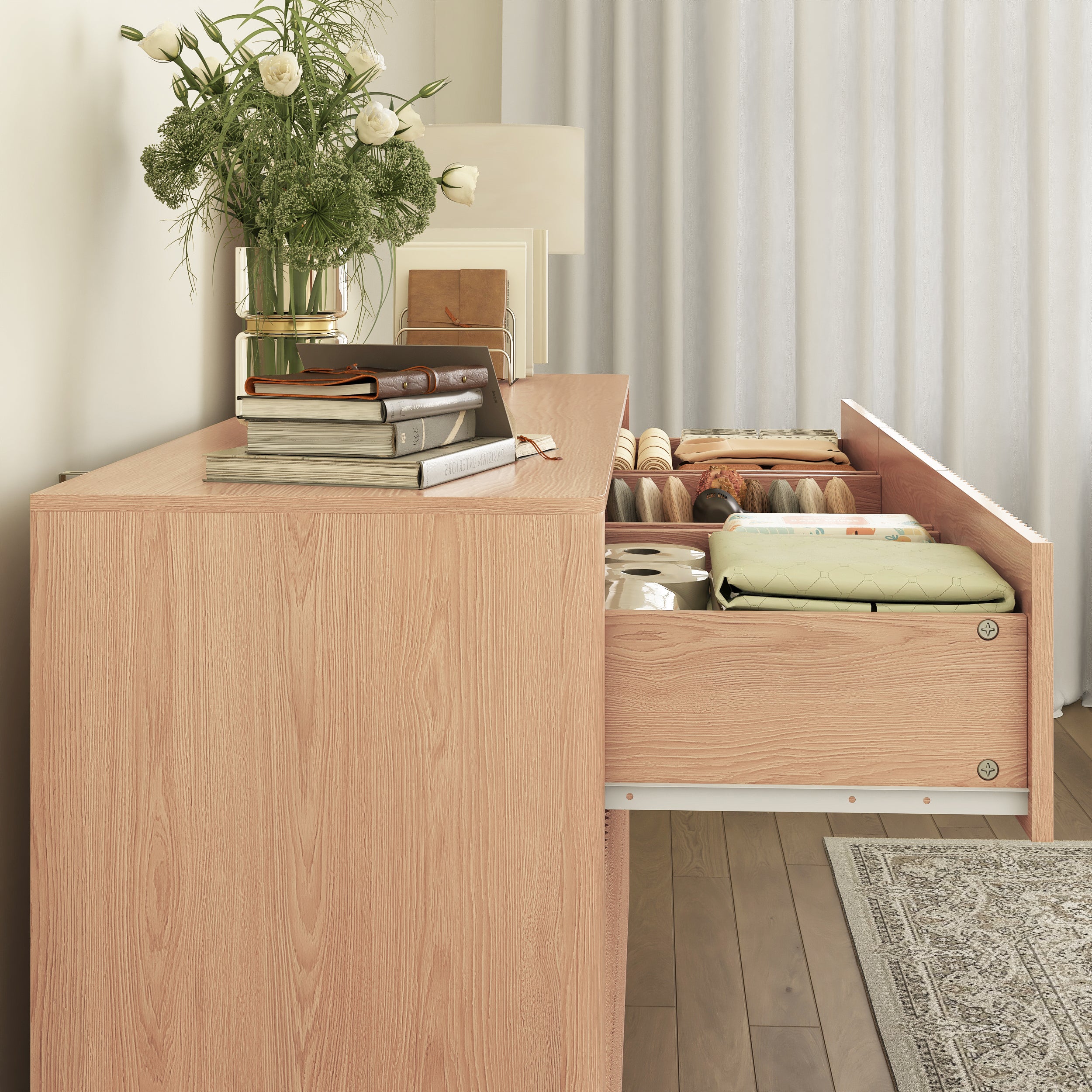 Natural finish wood dresser, mid-century TV stand, room setting view