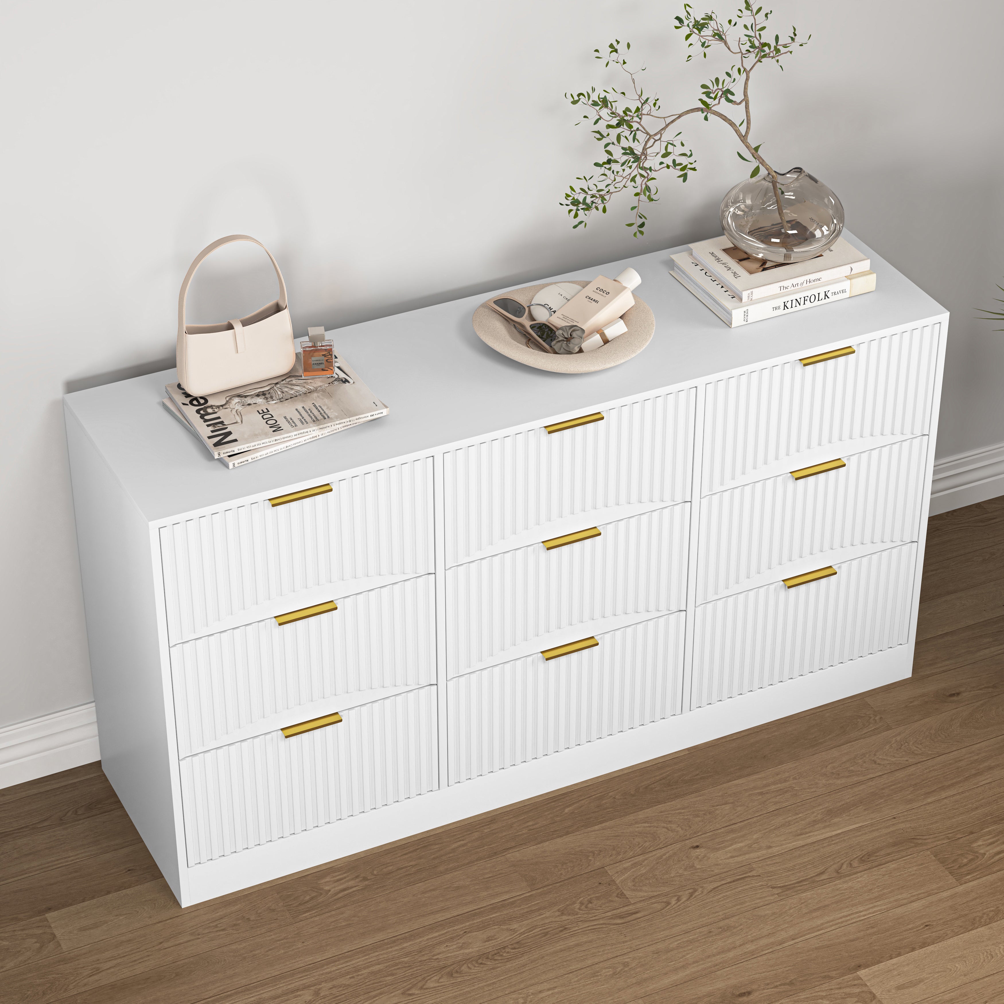 White 63-inch 9-drawer chest of drawers, full room view