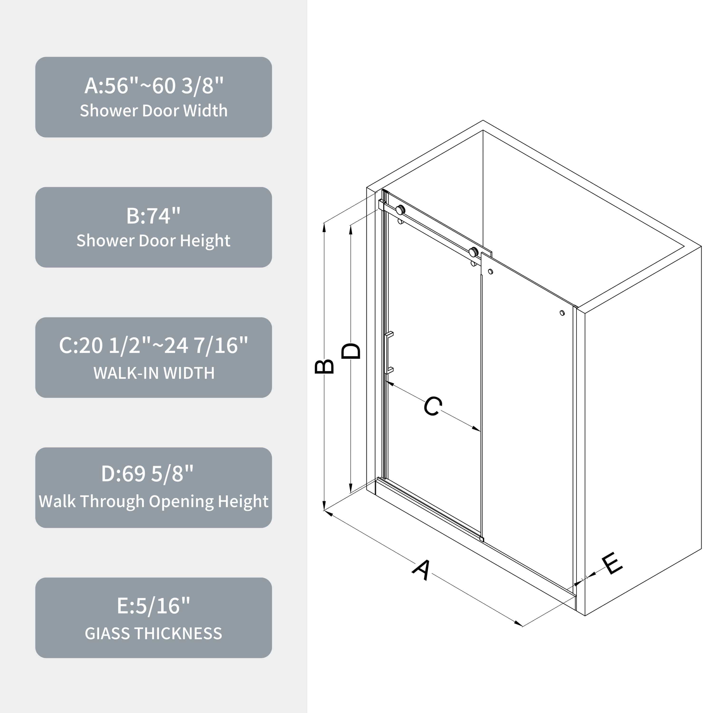 60"W x 74"H Glass shower door, sliding door, with 5/16" tempered glass and Matted Black  finish