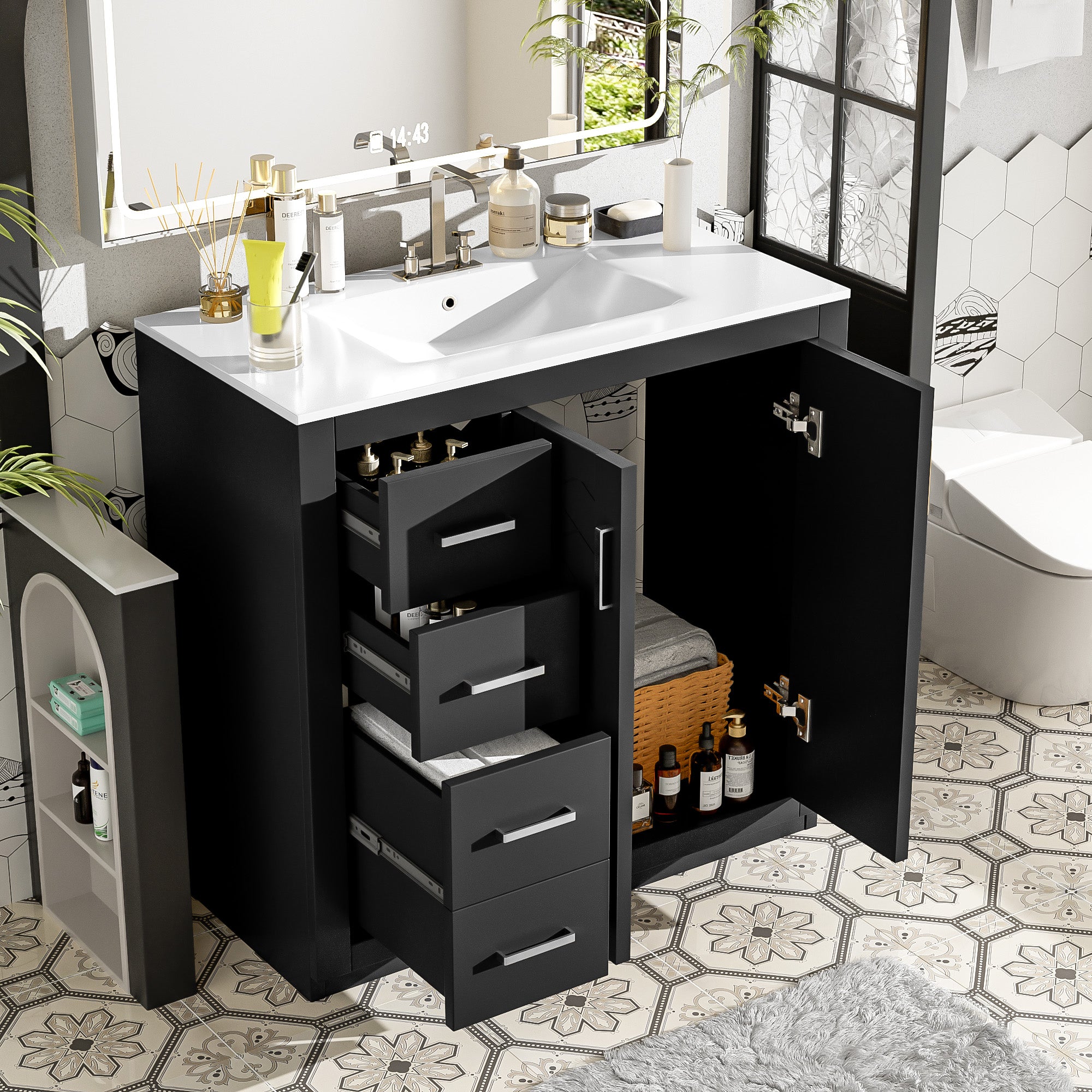 36-inch bathroom vanity with three drawers open storage view