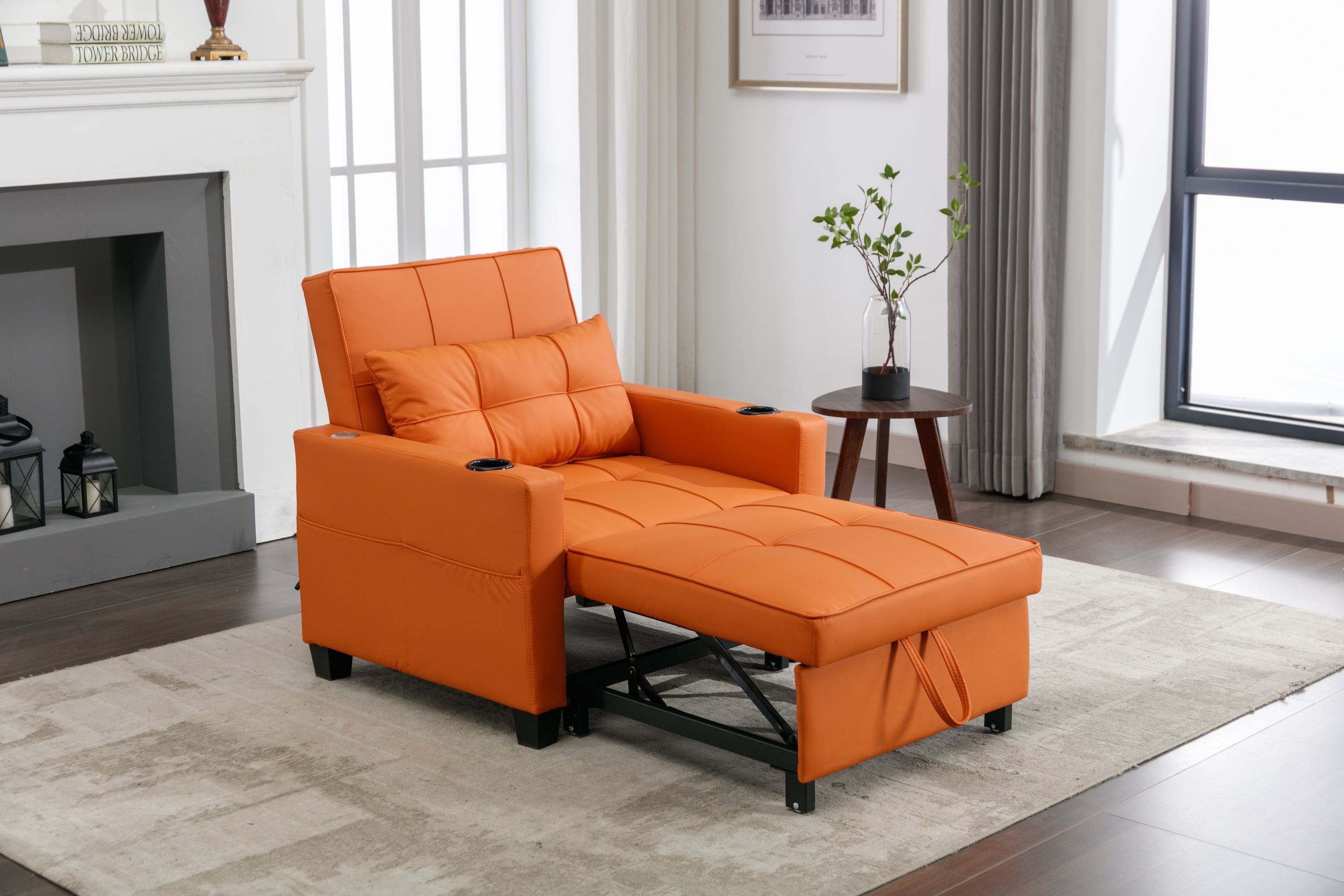 Futon Chair Bed Convertible Chair 3-in-1 Pull Out Sleeper Chair Beds with USB Ports,Wear-resistant and Anti-scratch, Armchair Bed Sleeper for Living Room (Orange Leather)