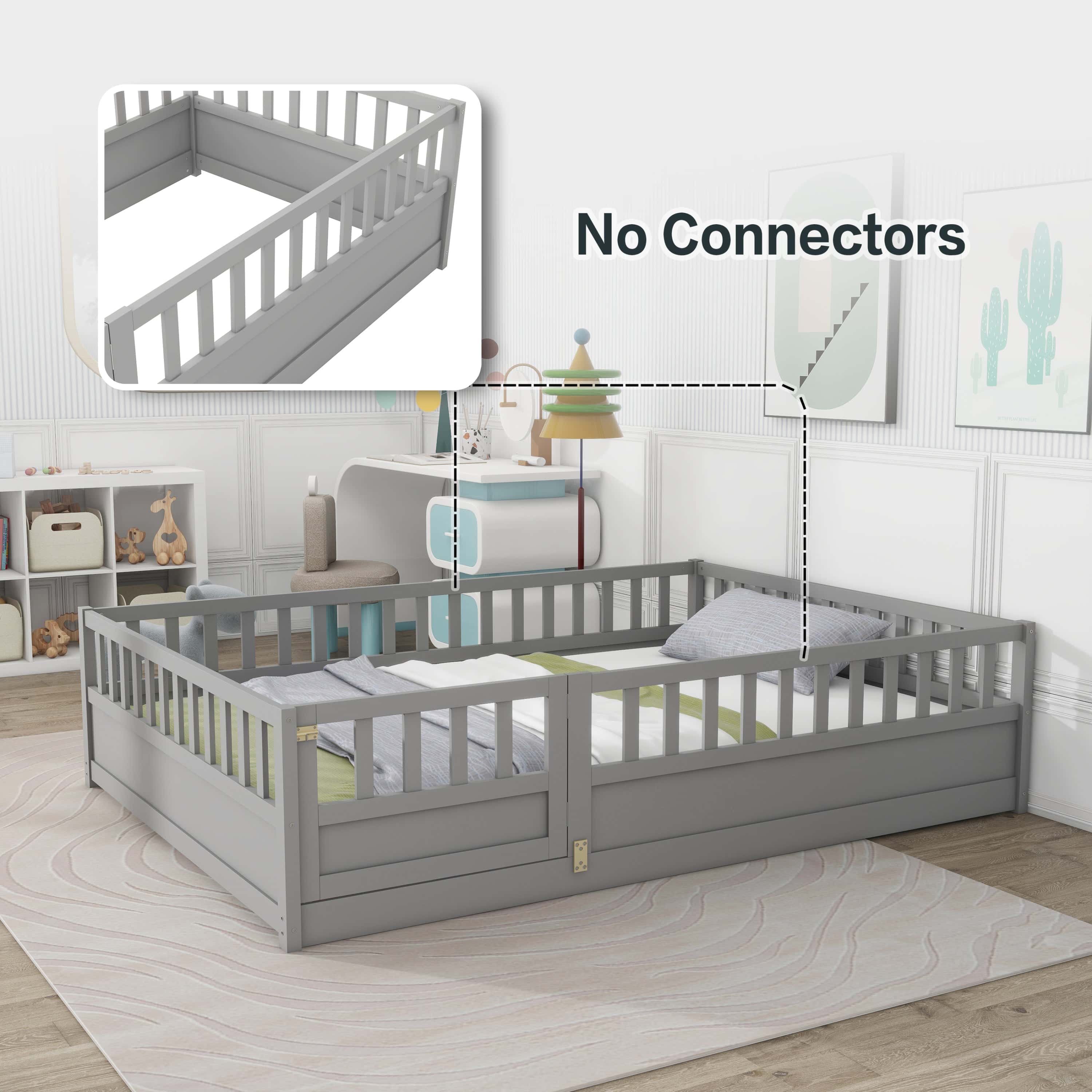 Full size Floor bed, integral construction with super high security barrier, door, children's floor bed frame, Montessori wooden children's floor bed, Grey