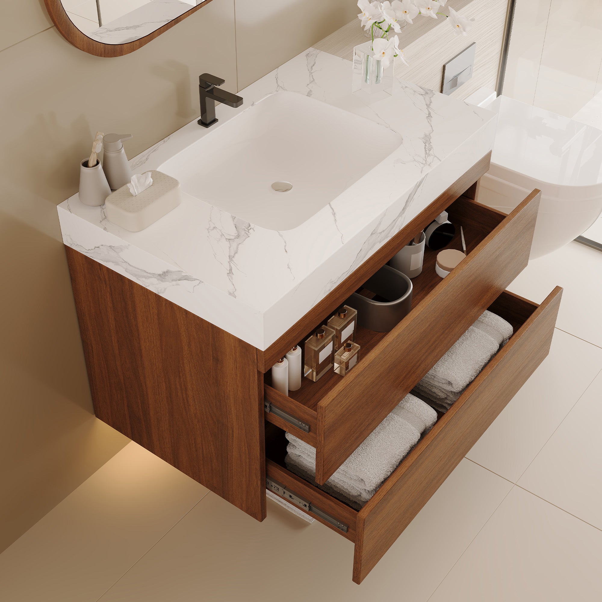 Modern floating bathroom vanity wall-mounted, storage detail view