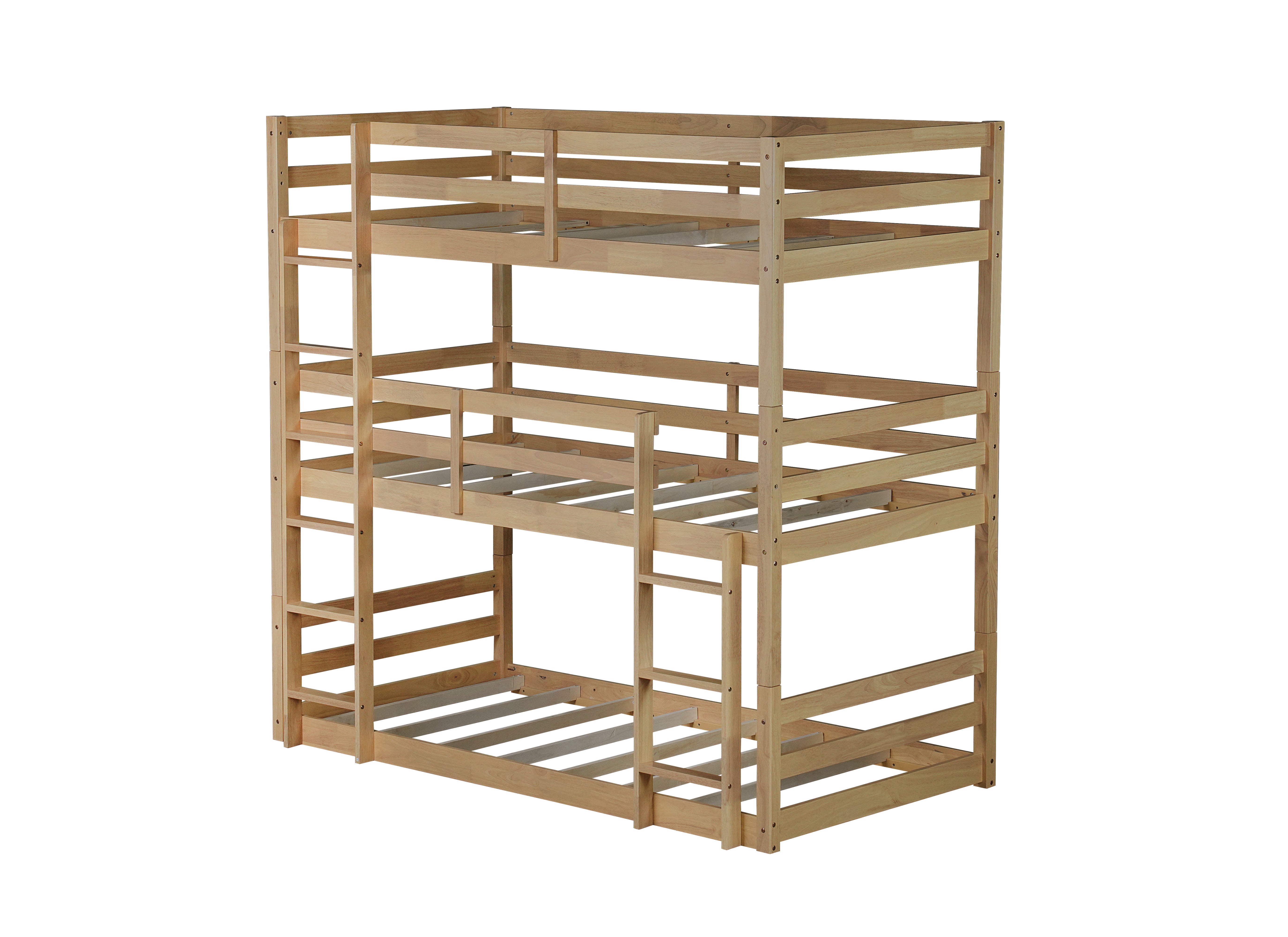 Triple twin rubber wood bunk bed in natural finish, full front view