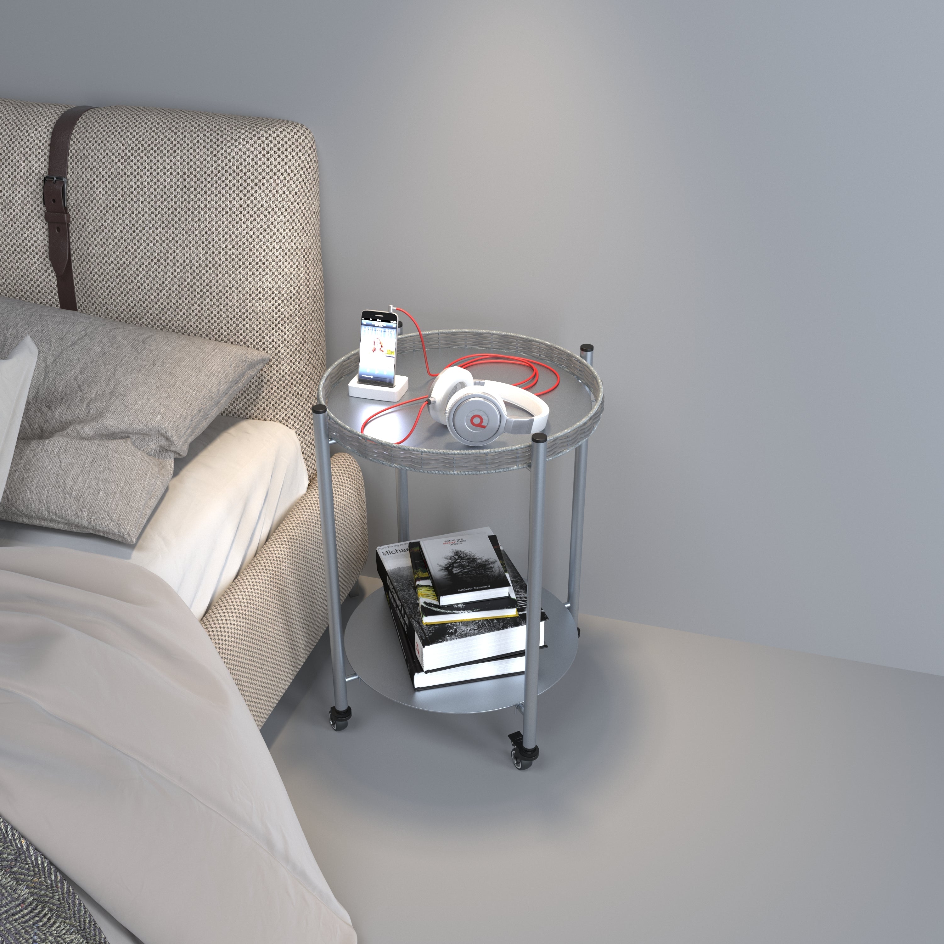 Round silver gray metal side table with wheels, side profile