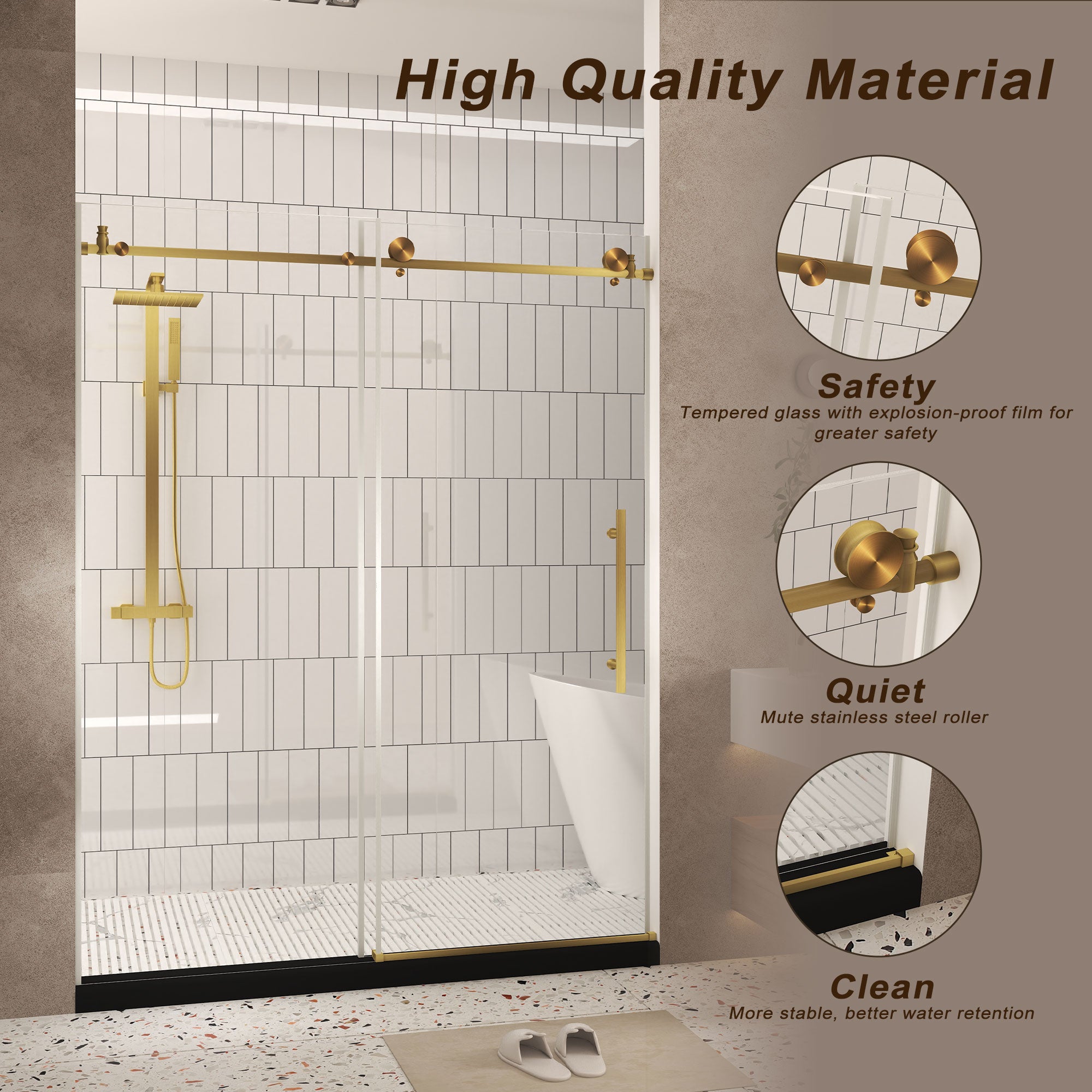 Frameless shower door 44-48 inch brushed gold installed view